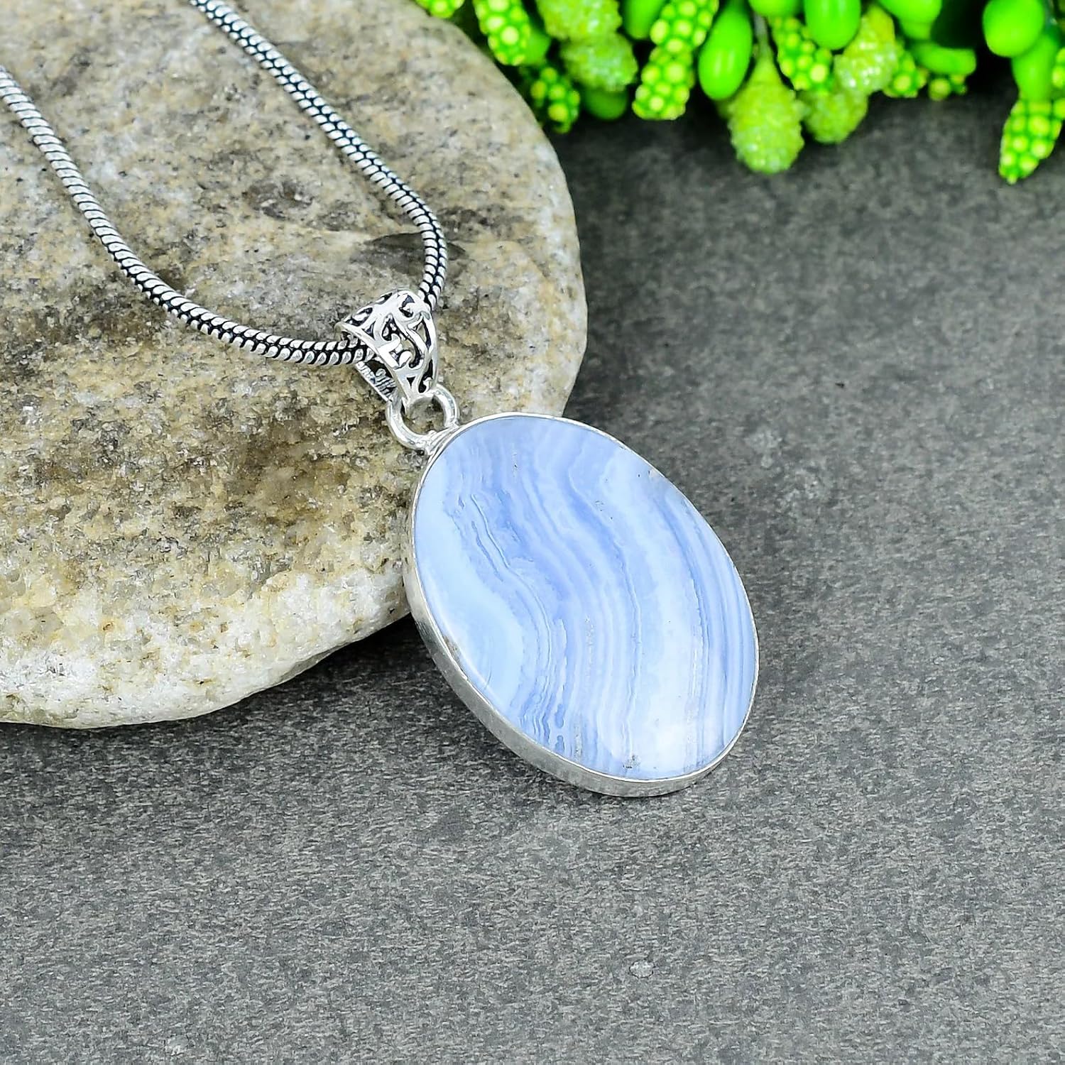 925 Sterling Silver Blue Lace Agate Pendant Necklace - Boho Gothic Southwestern Style Promise Jewelry Gift for Women and Men, 20 * 30 MM Oval Gemstone Charm image 4