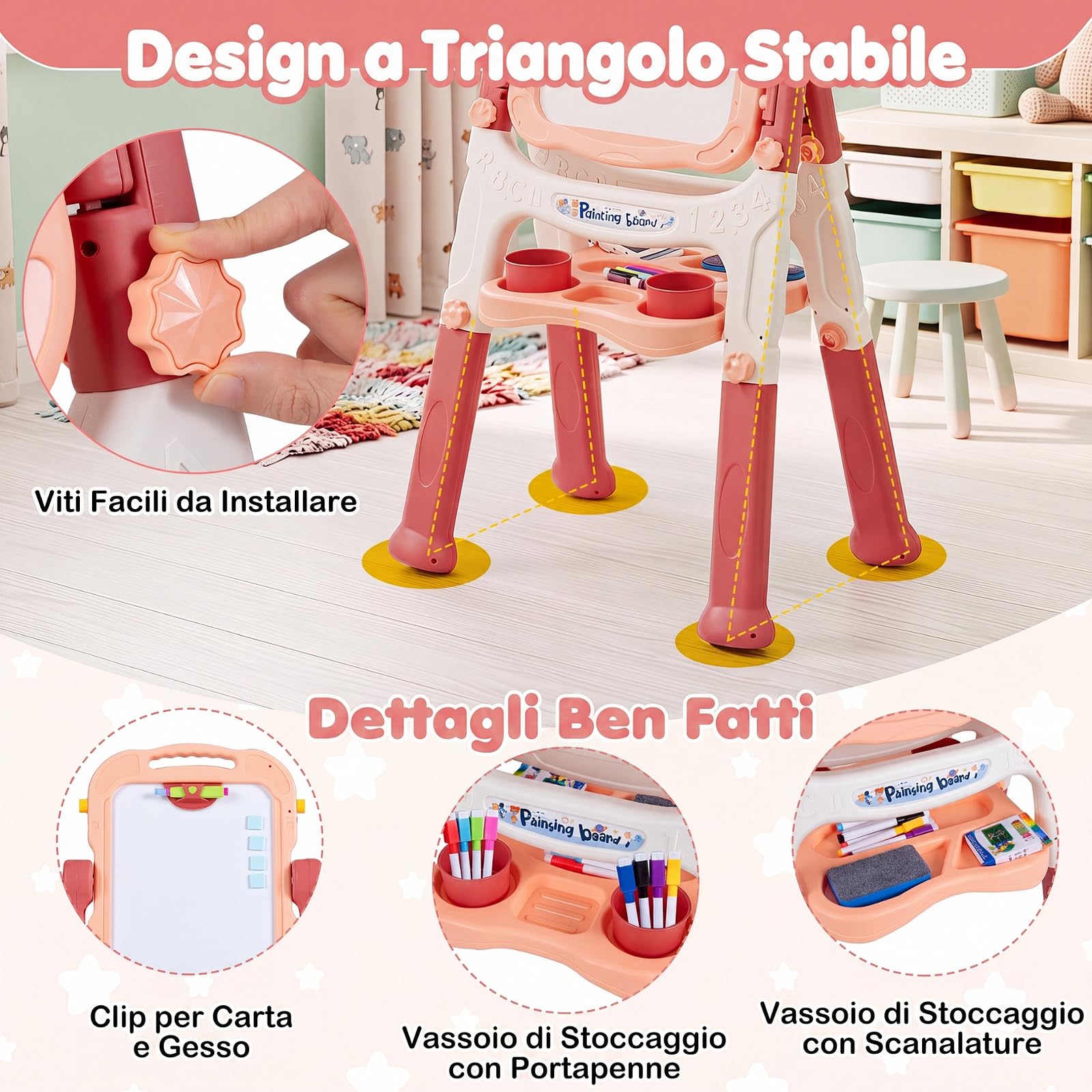 COSTWAY Cavalletto per Bambini, Lavagna Magnetica a Doppia Faccia (Rosa) | 4 in 1 Cavalletto da Disegno Girevole a 360°con Altezza Regolabile, Manico Portatile, 2 Tazze, Gessetti e Pennarelli, 3+ Anni