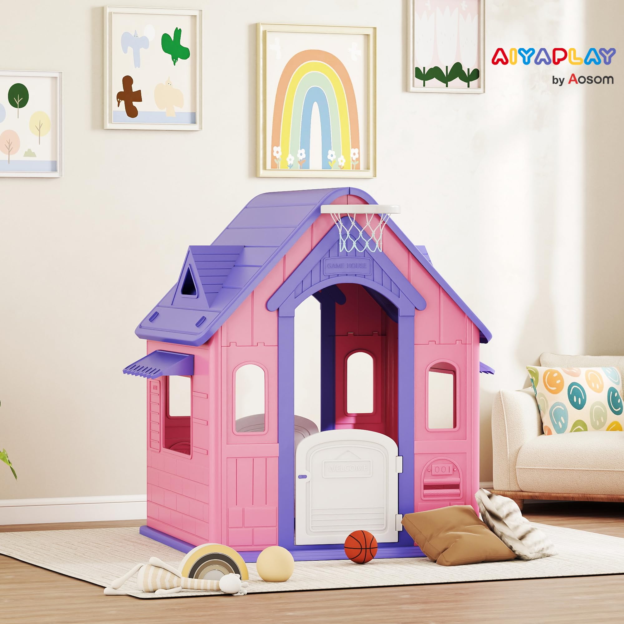 AIYAPLAY Casita Infantil Exterior e Interior 3 en 1 con Lanzamiento de Aros y Baloncesto Casita Infantil de Jardín Casa de Juegos para Niños 2-5 Años Rosa y Morado