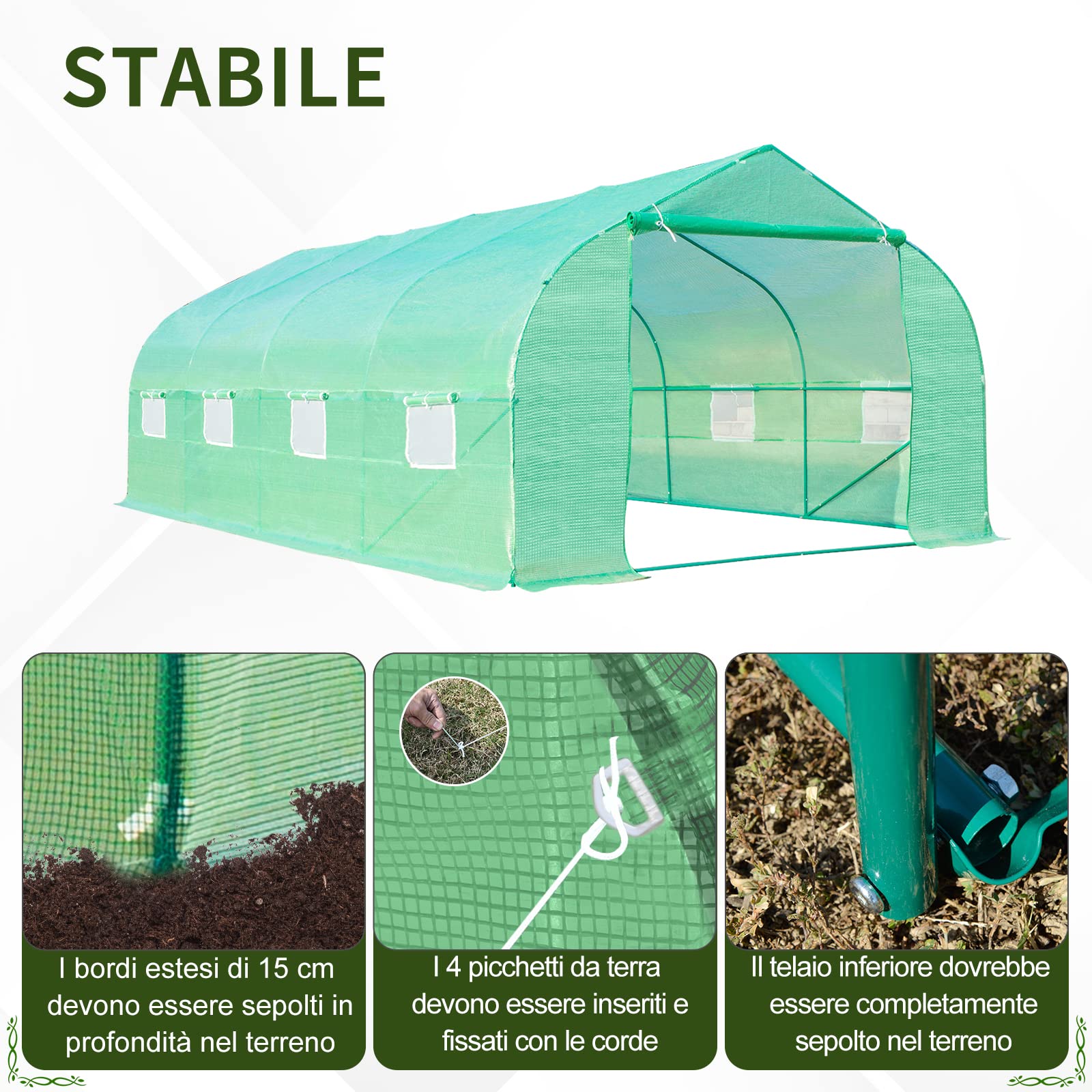 Outsunny Serra a Tunnel 6x3x2m con 8 Finestre e Porta Avvolgibile, Serra per Orto con 4 Picchetti e 4 Funi Incluse, in Acciaio e PP, Verde