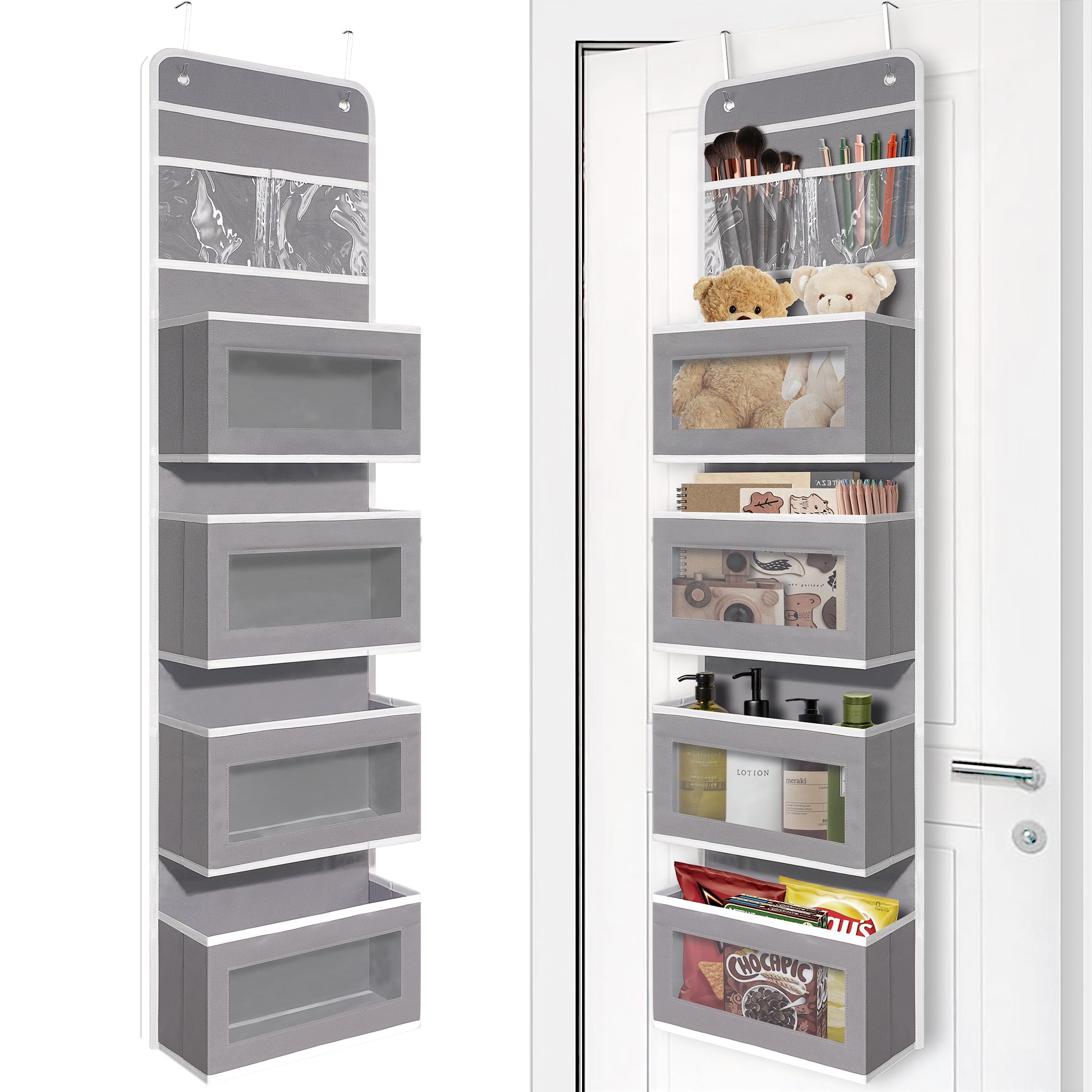 Giraffe Creation Gray Over Door Organizer with 6 Front Pockets, Hanging Door Storage for Closet, Bathroom, Bedroom, Dorm, Nursery, Toys, Toiletries