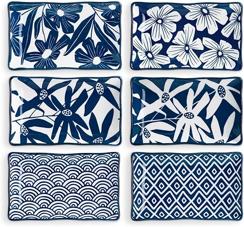 ONEMORE Juego de platos rectangulares de 6 a 7.5 pulgadas, platos de cerámica azul y blanco, aptos para microondas, horno y lavavajillas, estilo