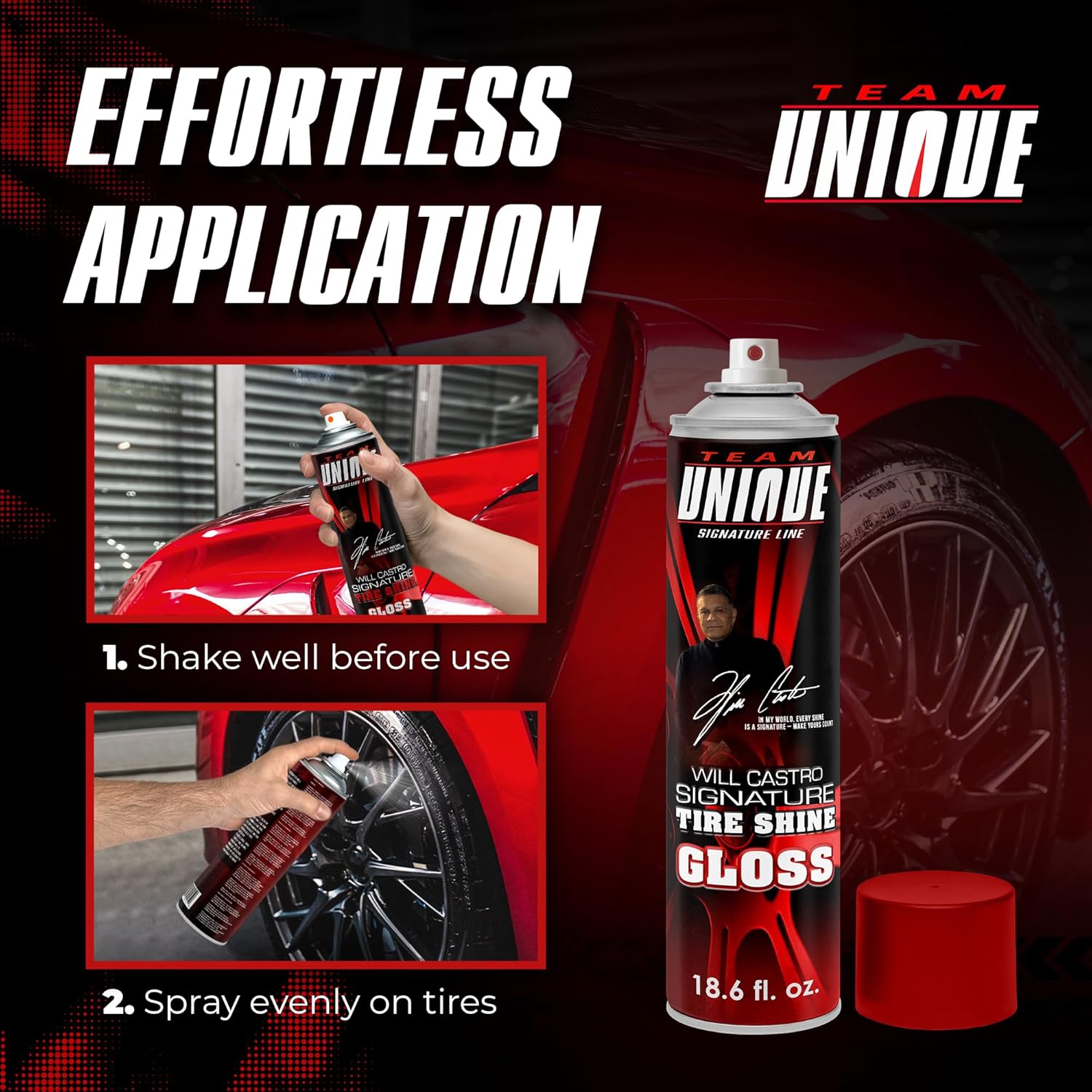 TEAM UNIQUE Tire Shine Gloss – 18.6 Fl Oz (550mL) Pack of 12 | High-Gloss Formula for Ultimate Tire Shine | Protects Against Cracking and Fading | Non-Greasy, Low-Sling Spray for Easy Application - Image 4