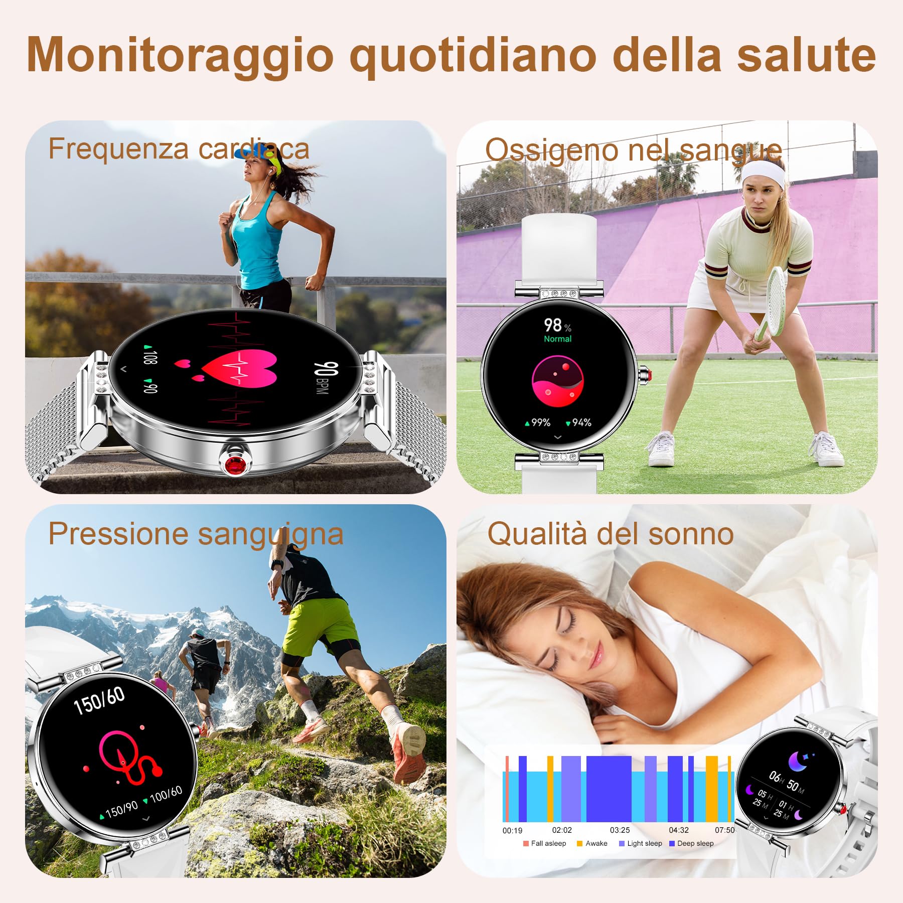 Smartwatch Donna, 1.19”AMOLED Orologio Smartwatch con Chiamate Bluetooth/Notifiche, 120+ Sportive, Fisiologia Femminile, 24H Contapassi/Sonno/Cardiofrequenzimetro, IP68 Smart Watch per iOS Android
