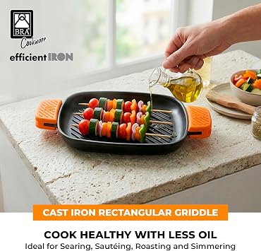 BRA COOKWARE Efficient Iron Rectangular Ribbed Grill | 13 inches x 8.7 inches Cast Iron Rectangular Griddle | All Heat Sources Compatible | PFOA Free | W/o Non-Stick | Silicon Handle | Non Deformable