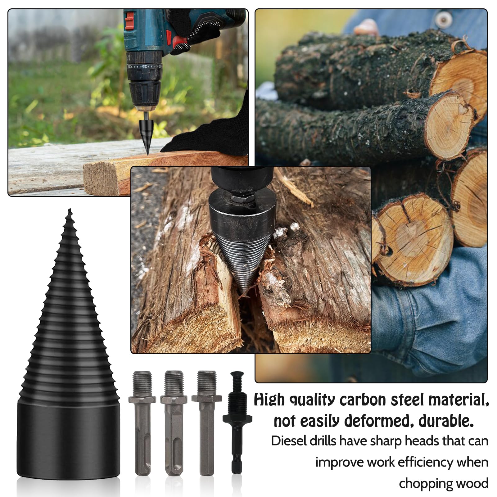 Foret Fendeur de Bois 42 mm + 32 mm, Tige Conique, 4 Poignées de Forage