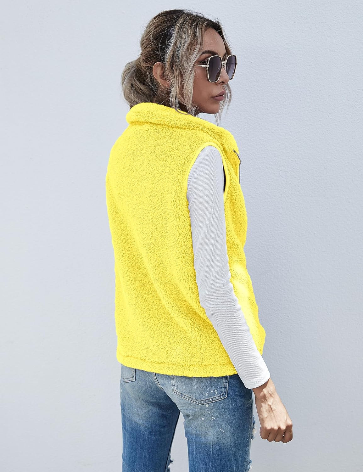 LOMON Womens Fuzzy Sherpa Fleece Jacket Lightweight Vest Cozy Sleeveless Cardigan Zipper Waistcoat Outerwear with Pocket - Image 5