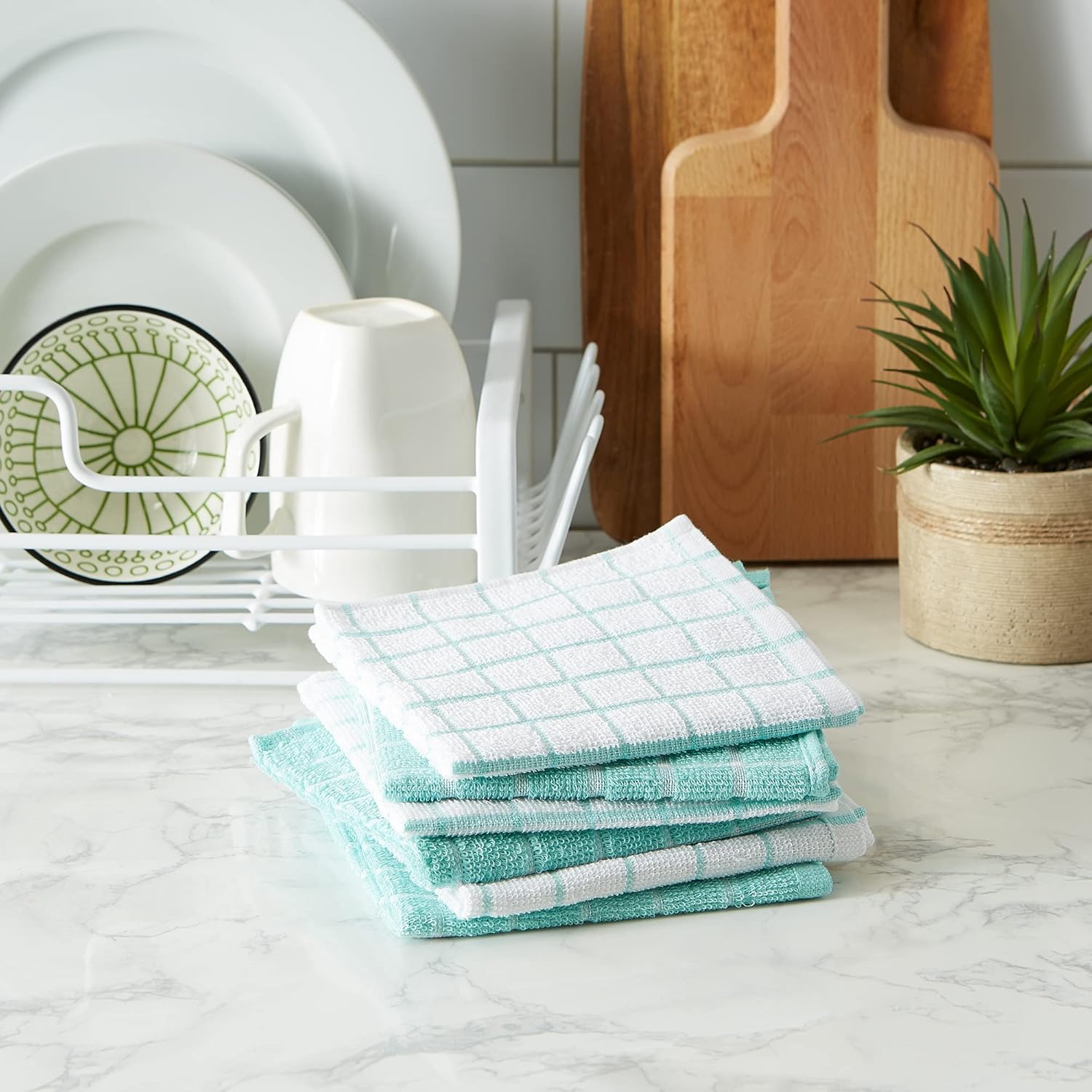 DII Basic Terry Collection Windowpane Dishcloth Set, 12x12, Aqua, 6 Piece - Image 4