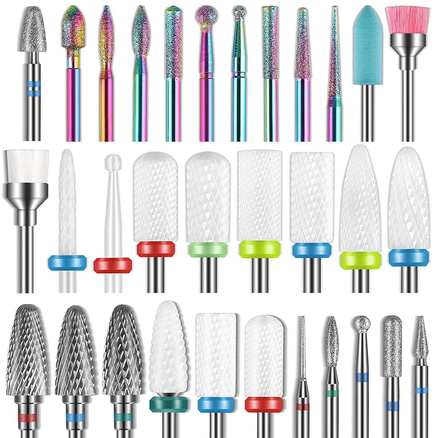 32pcs Nail Drill Bits Sets, 3/32 Inch Diamond Cuticle Electric Nail File and Ceramic Acrylic Gel Nail Bit Kit, Acrylic Nail Art Tools, Carbide Cuticle Remover Bits for Manicure Pedicure, Home Salon : Beauty & Personal Care