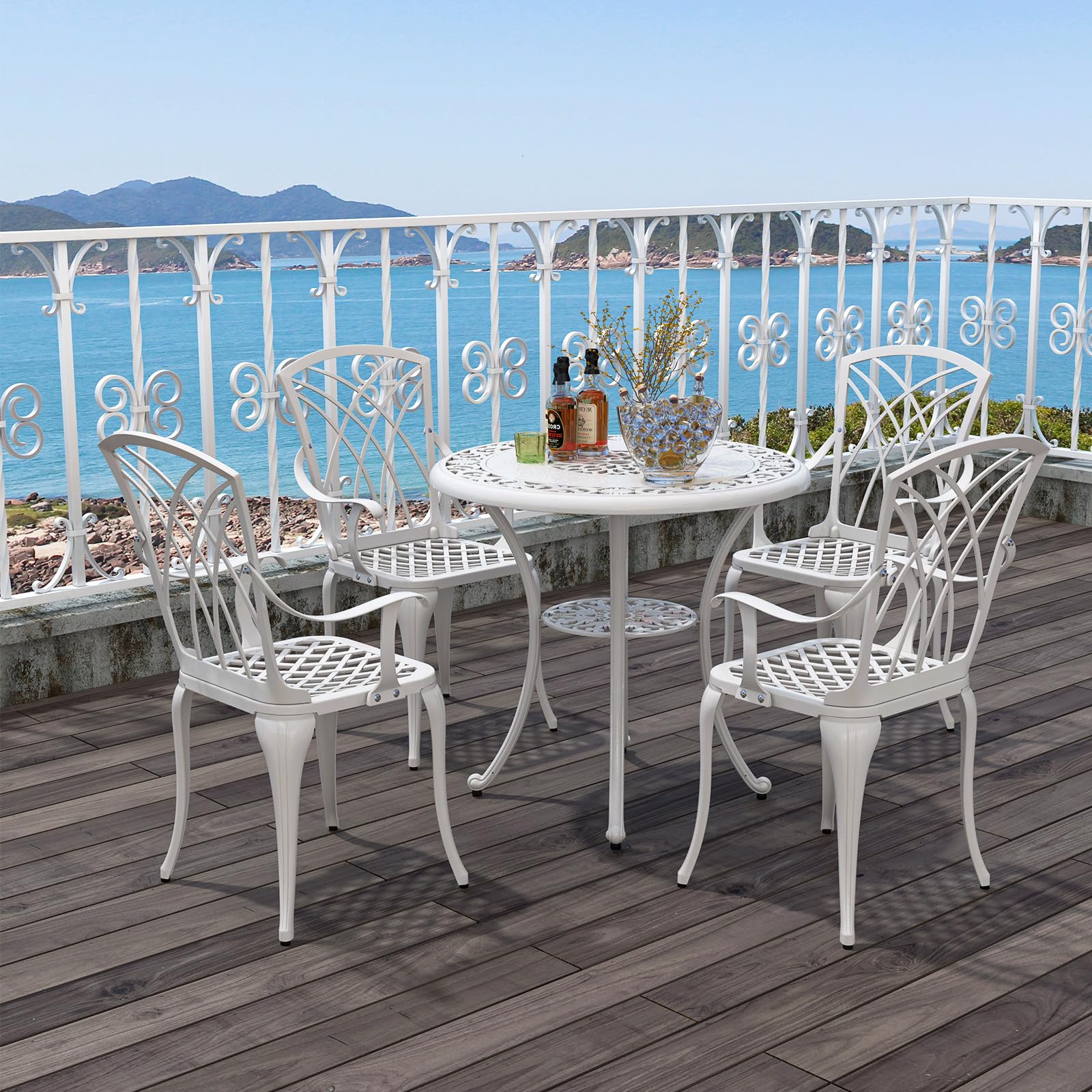 GIANTEX Soggiorno da giardino esterno, tavolo da giardino con sedia in ghisa di alluminio, tavolo da bistrot 5 pezzi per 4 persone, foro dell'ombrellone Dia.5 cm, tavolo rotondo per terrazza, balcone