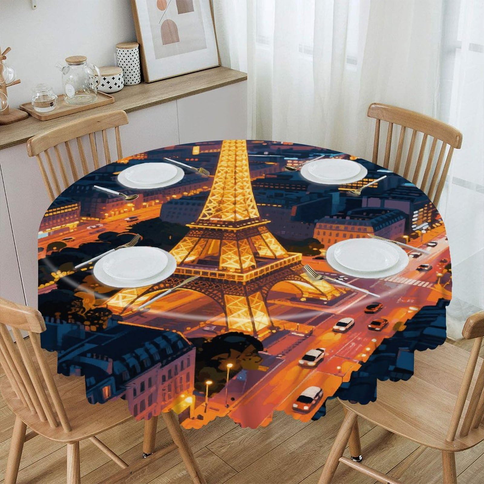 VstaDank Eiffel Tower Round Tablecloth Wipeable Round Polyester Tablecloth Waterproof Wrinkle Free Indoor and Outdoor Table Cover 60 Inch Decorative Farmhouse Table Cloth for Dining