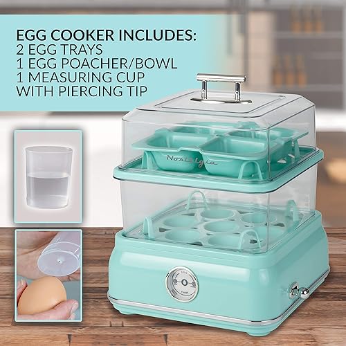 Miniatura 7 de Nostalgia CLEC14AQ Retro Premium Cocedor Eléctrico de Huevos Duros Grande de 14 Huevos, Escalfados, Revueltos, Tortillas, Claras, Sándwiches, para