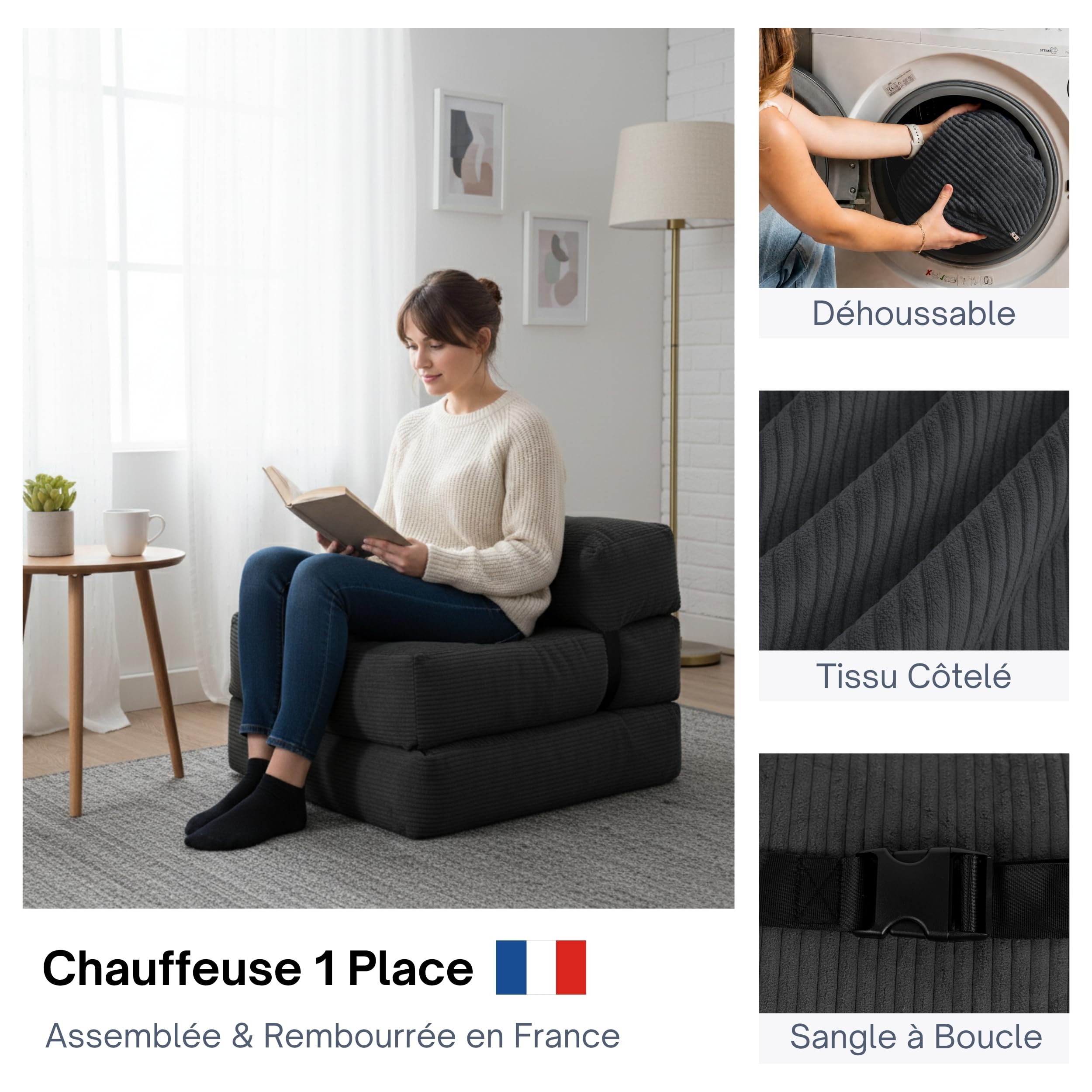 bananair - Chauffeuse 1 Place Adulte Convertible - Matelas d'Appoint Déhoussable en Velours Côtelé - Canapé Lit, Futon Pliable Pratique & Confortable, Rembourré en Mousse (70 x 190 cm, Gris Foncé)