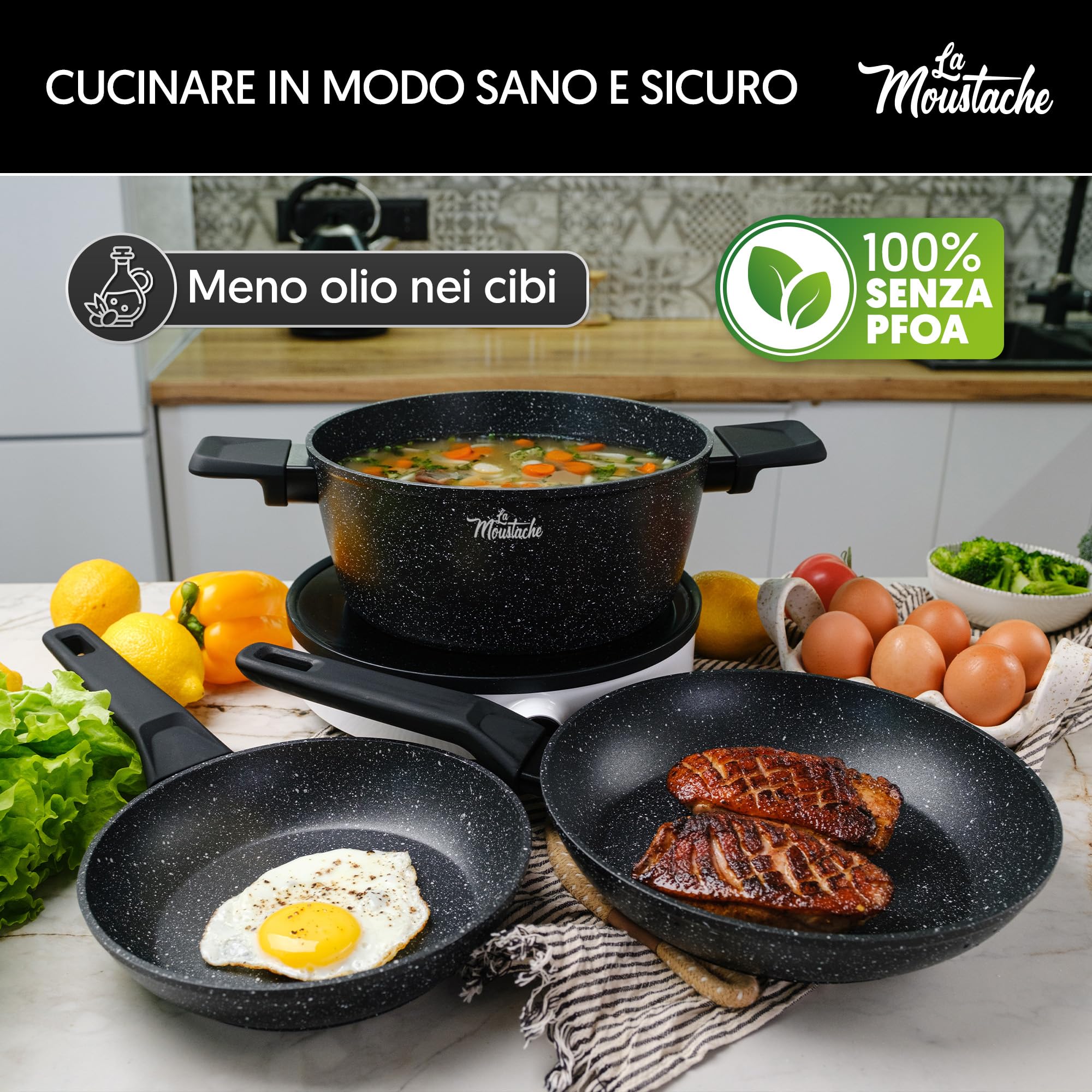 La Moustache - Batteria di Pentole【8 Pezzi】a Induzione in Alluminio con Antiaderente, Set di 3 Casseruole Ø 16/20/24 cm, 3 Coperchi e 2 Padelle Ø 20/24 cm, Manici in Bakelite (Onix)