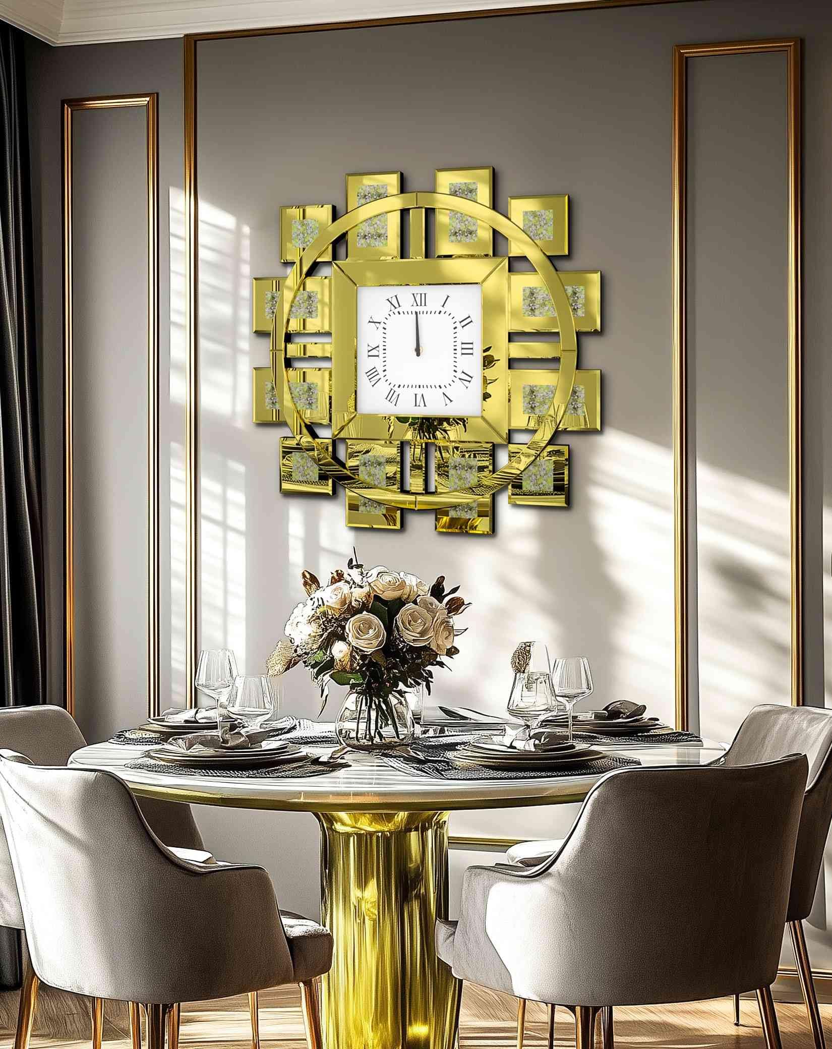 round mirrored wall clock crush diamond mirror decor 32 inch, golden
