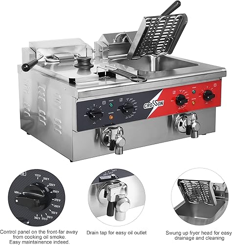 Miniatura 3 de CROSSON Freidora eléctrica de doble tanque de 12 litros con drenaje, cesta sólida y tapa para restaurantes y uso doméstico, freidora comercial de