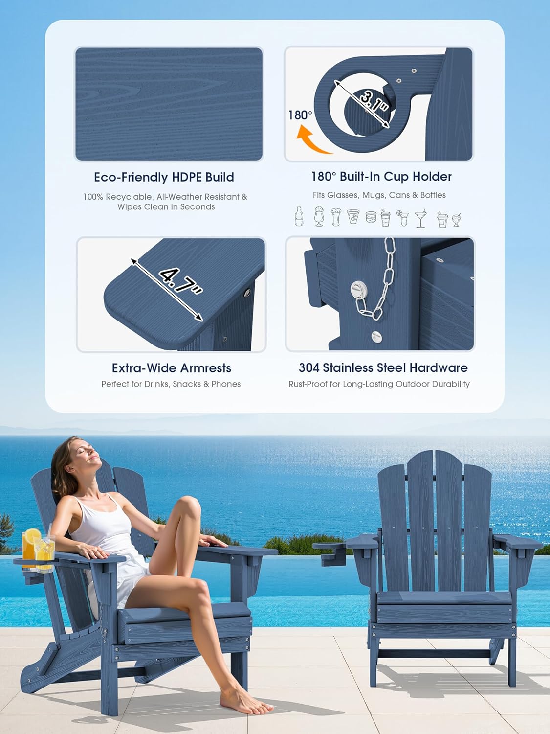KINGYES Adjustable Folding Adirondack Chair Set of 4, 3-Position Reclining Adirondack Chairs with Cup Holder, HDPE All-Weather Oversized Adirondack for Outdoor, Patio, Backyard Deck, Fire Pit, Blue
