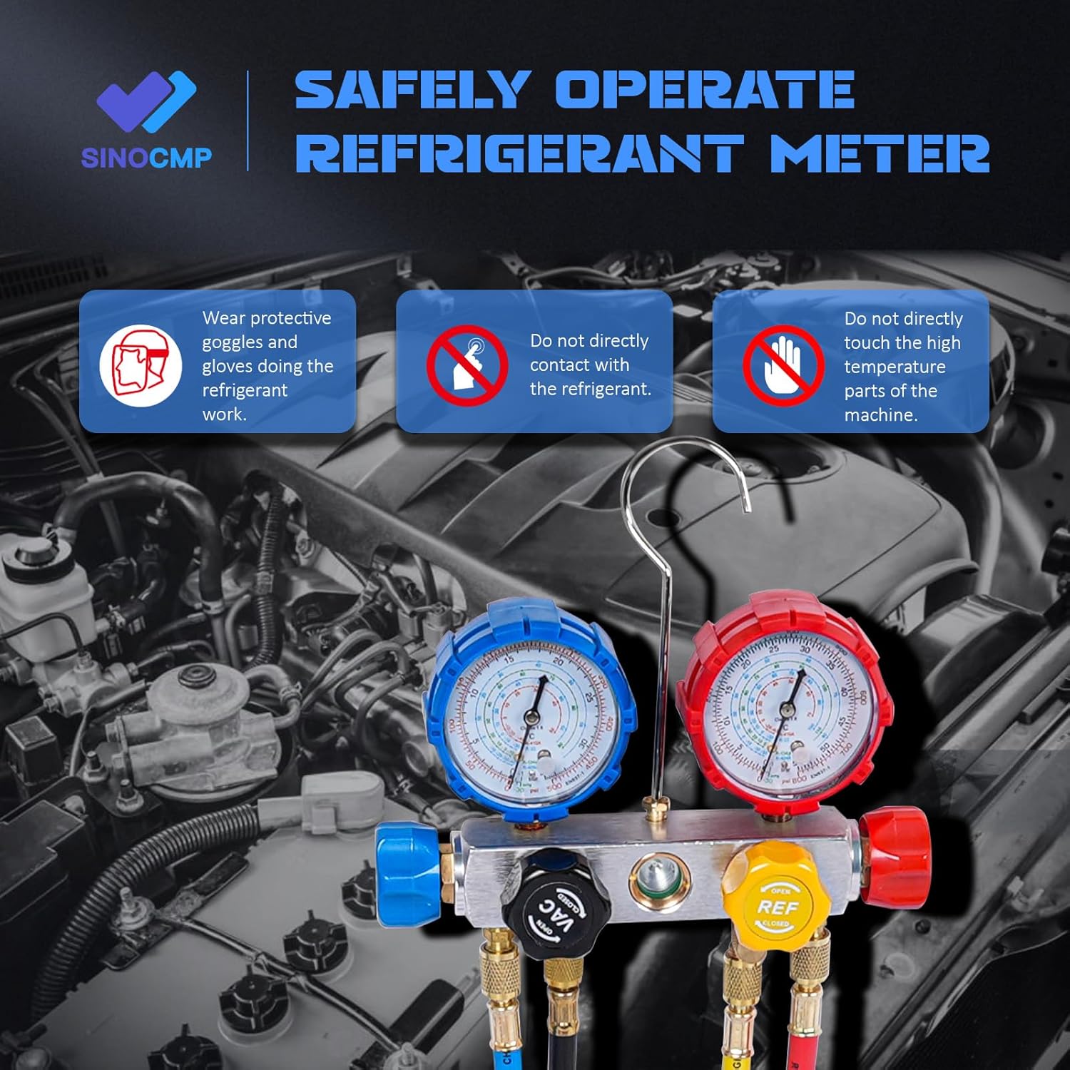 SINOCMP 4 Way HVAC Manifold Gauge Set, Ac Manifold Gauge Set for R32/R410A/R134a Gauge Set, A/C R22 R404A Diagnostic Refrigerant Gauges with Hoses Tool Kit