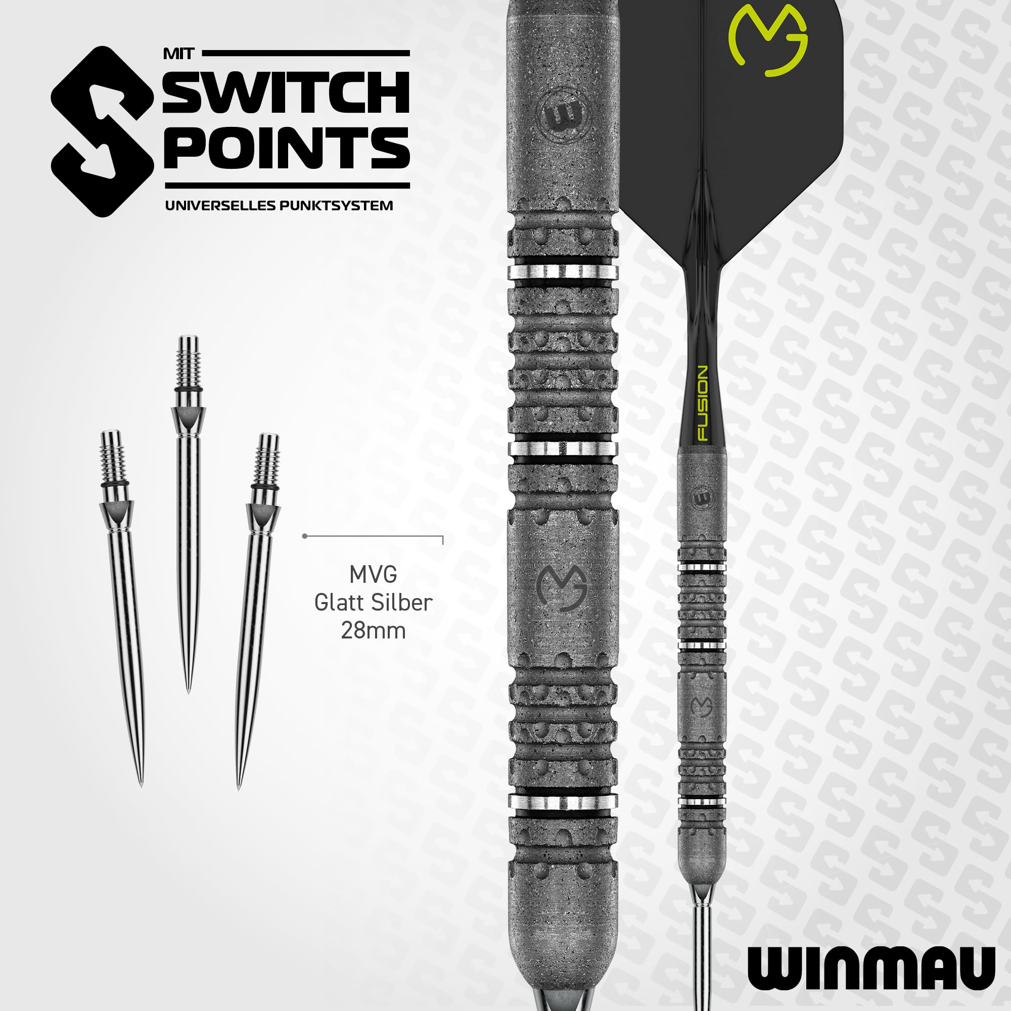 WINMAU Dartpfeile Michael Van Gerwen MvG Signature Edition | Standard oder Switch Points | Dartpfeile Profi 90% Tungsten Darts Set mit Dartflights und schäften - Steeldarts 22g, 23g & 24g