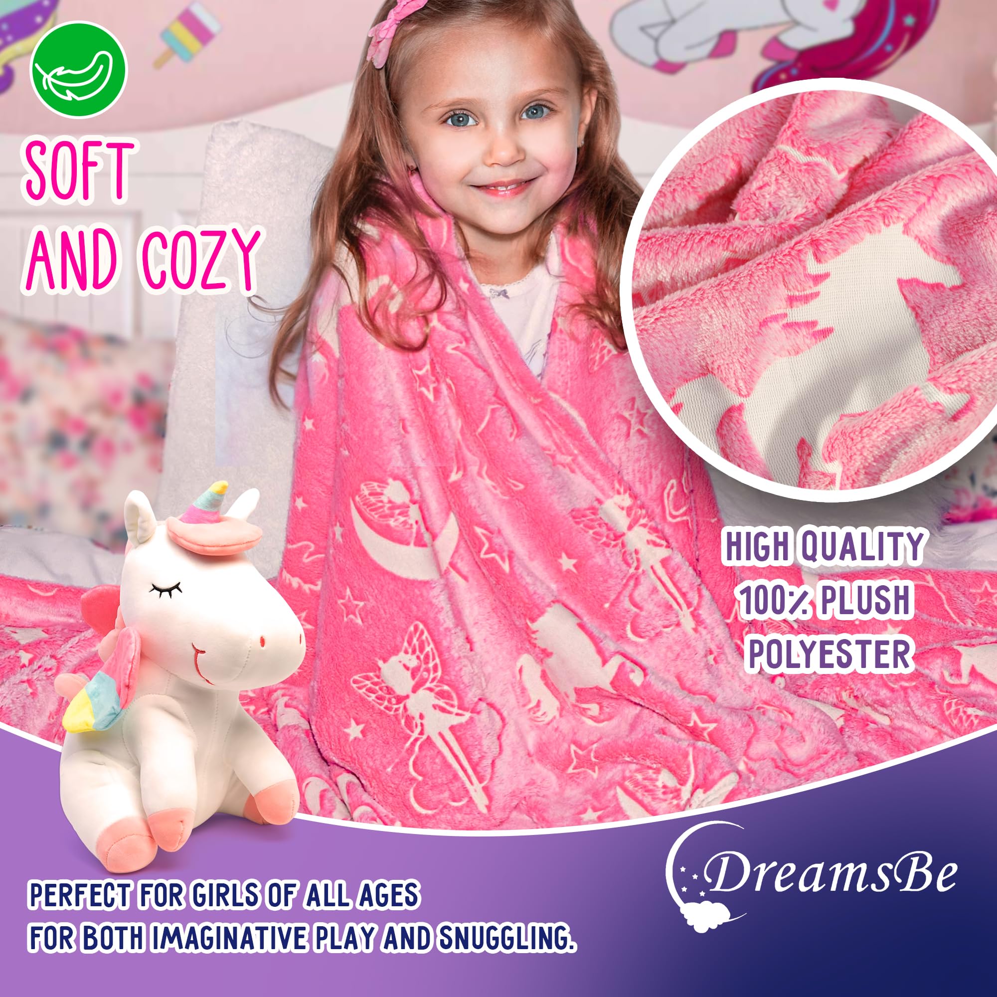 Unicorn Blanket Glow in The Dark Luminous Fairy Blanket for Kids - Soft Plush Pink Fantasy Star Blanket Throw - Large 60in x 50in Glowing Magical Blankets Gift for Girls (Pink Unicorn and Fairy) 3