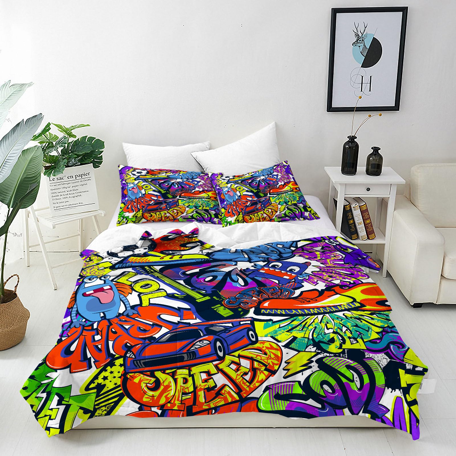ANHOPE Graffiti Duvet Cover Set Soft Lightweight Microfibre Quilt Cover with 2 Pillowcase Abstract Monster Football Car Print Pattern 3 Pcs Bedding Set with Zipper Closure Super King 260 x 220 cm