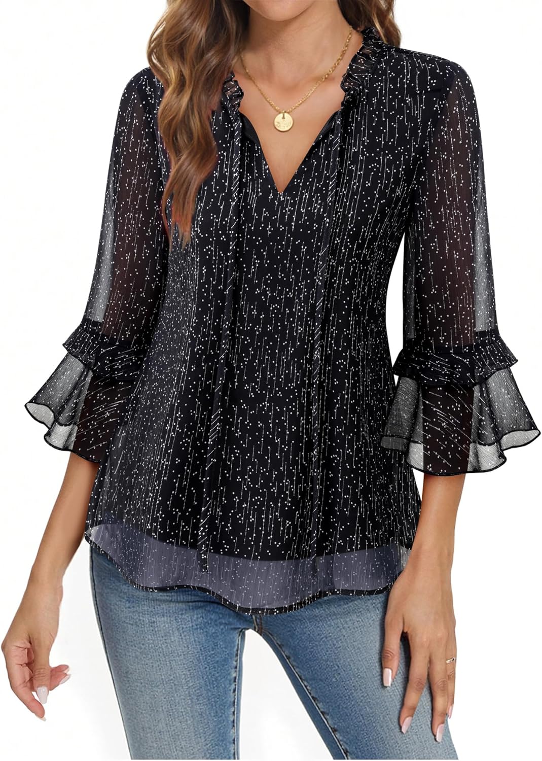Furnex Womens Tops Dressy Casual Ruffle 3/4 Sleeve V Neck Elegant Floral Chiffon Blouses - Image 3