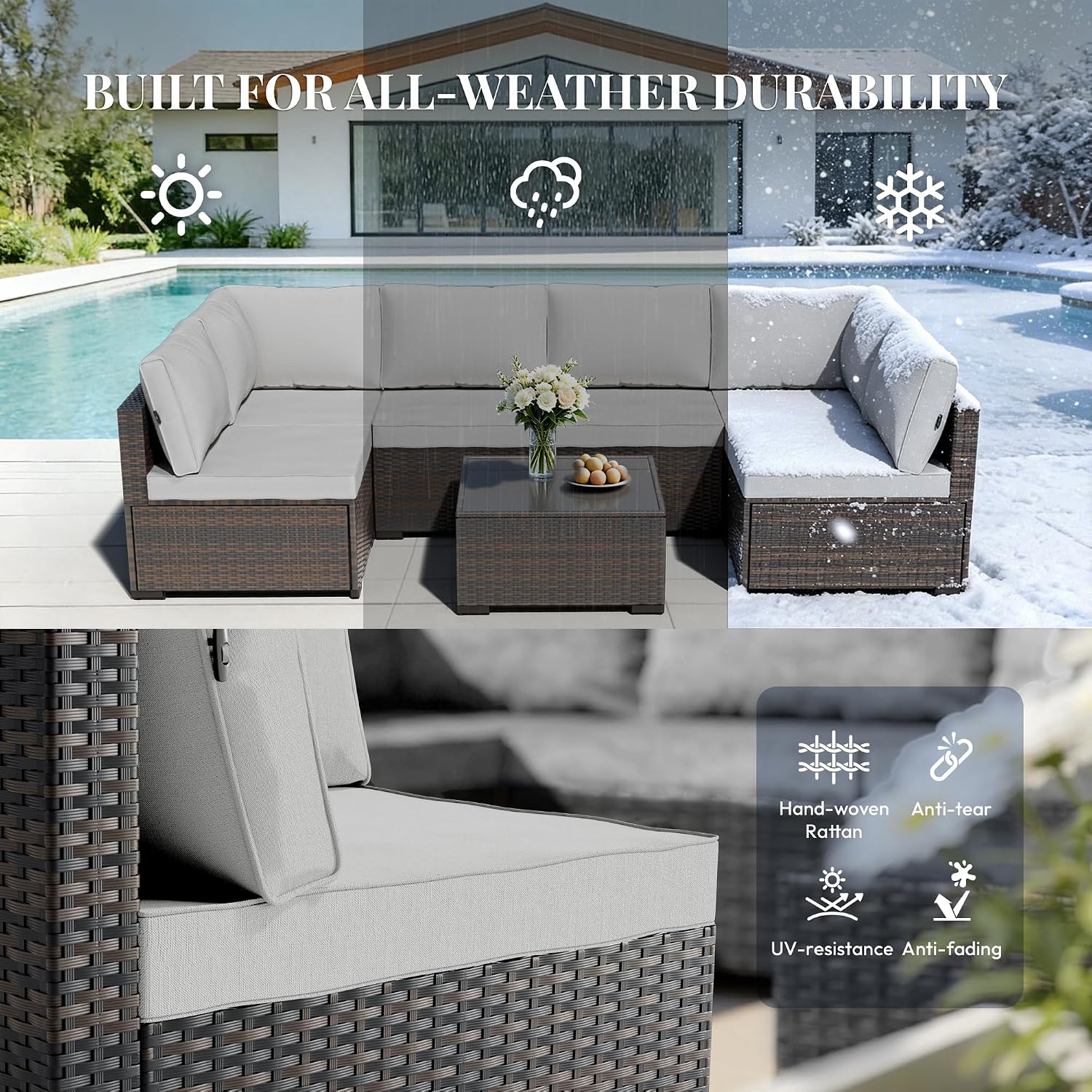 WWR Patio Furniture Set 7 Piece - All-Weather - Wicker Rattan Patio Outdoor Conversation Set, Modular Sectional Sofa for Backyard, Garden, Poolside, Balcony, Porch, Patio, Brown/Light Gray