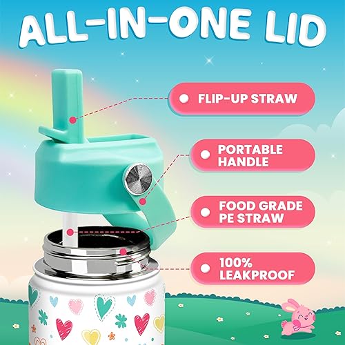 Miniatura 3 de Botella de agua para niños con tapa con popote, botellas de agua aisladas de acero inoxidable de 12 onzas para niñas y niños pequeños, botella de