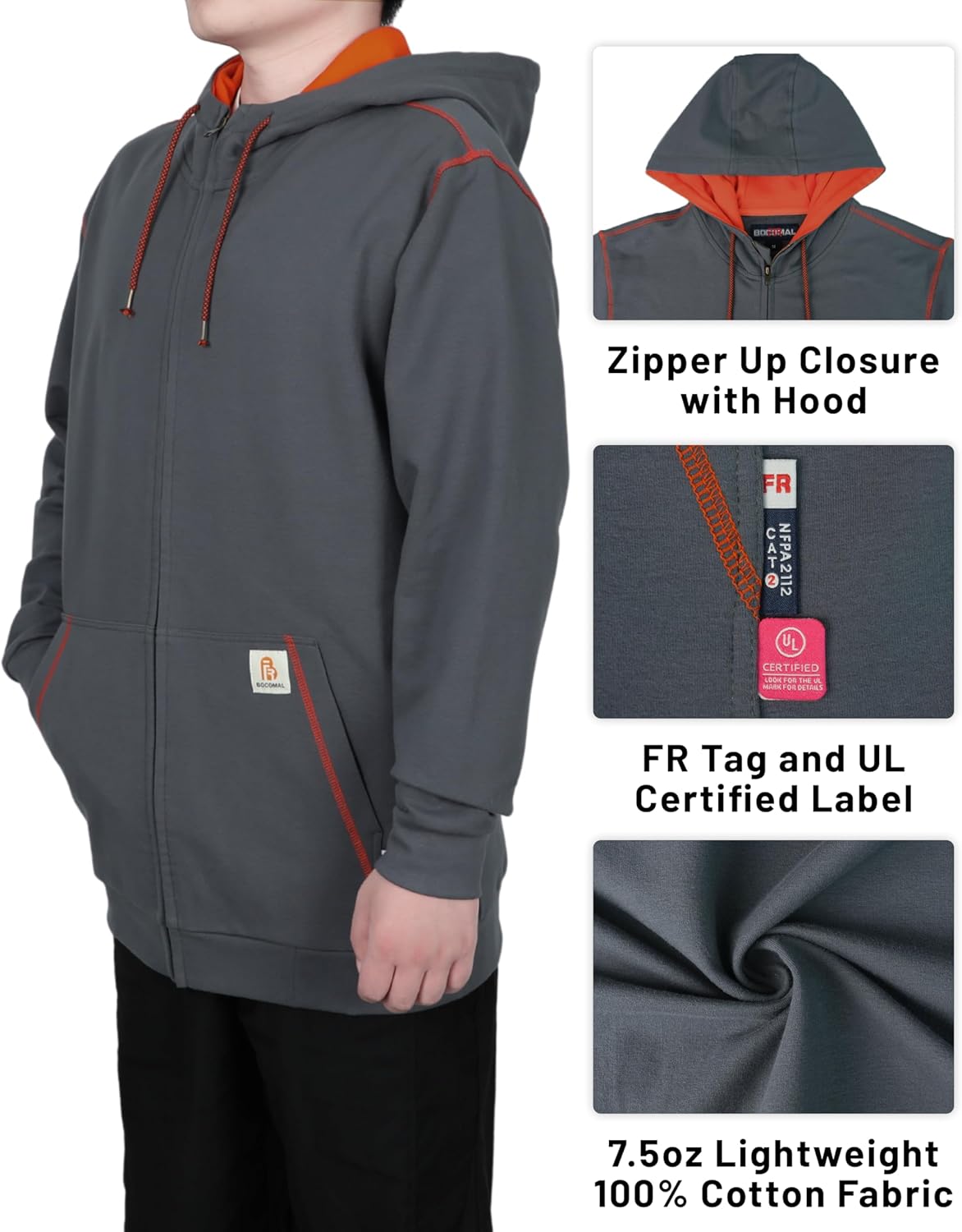 BOCOMAL FR Hoodies Zipper Front for Summer 7.5oz Lightweight Cotton Flame Resistant Sweatshirt（Non Fleece）