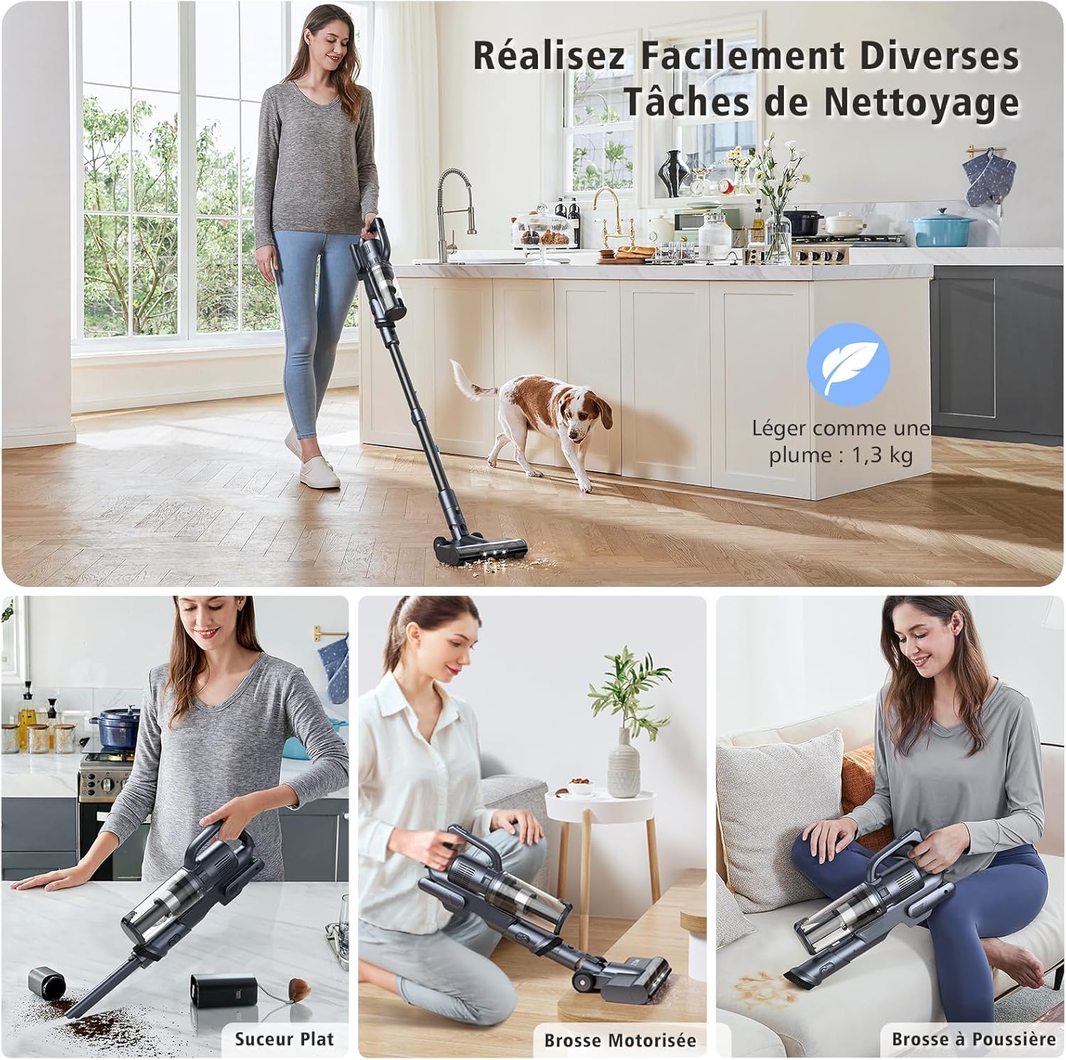 The MIUZZY M243 Cordless Vacuum Cleaner in handheld mode with the crevice tool attached, cleaning tight spaces.