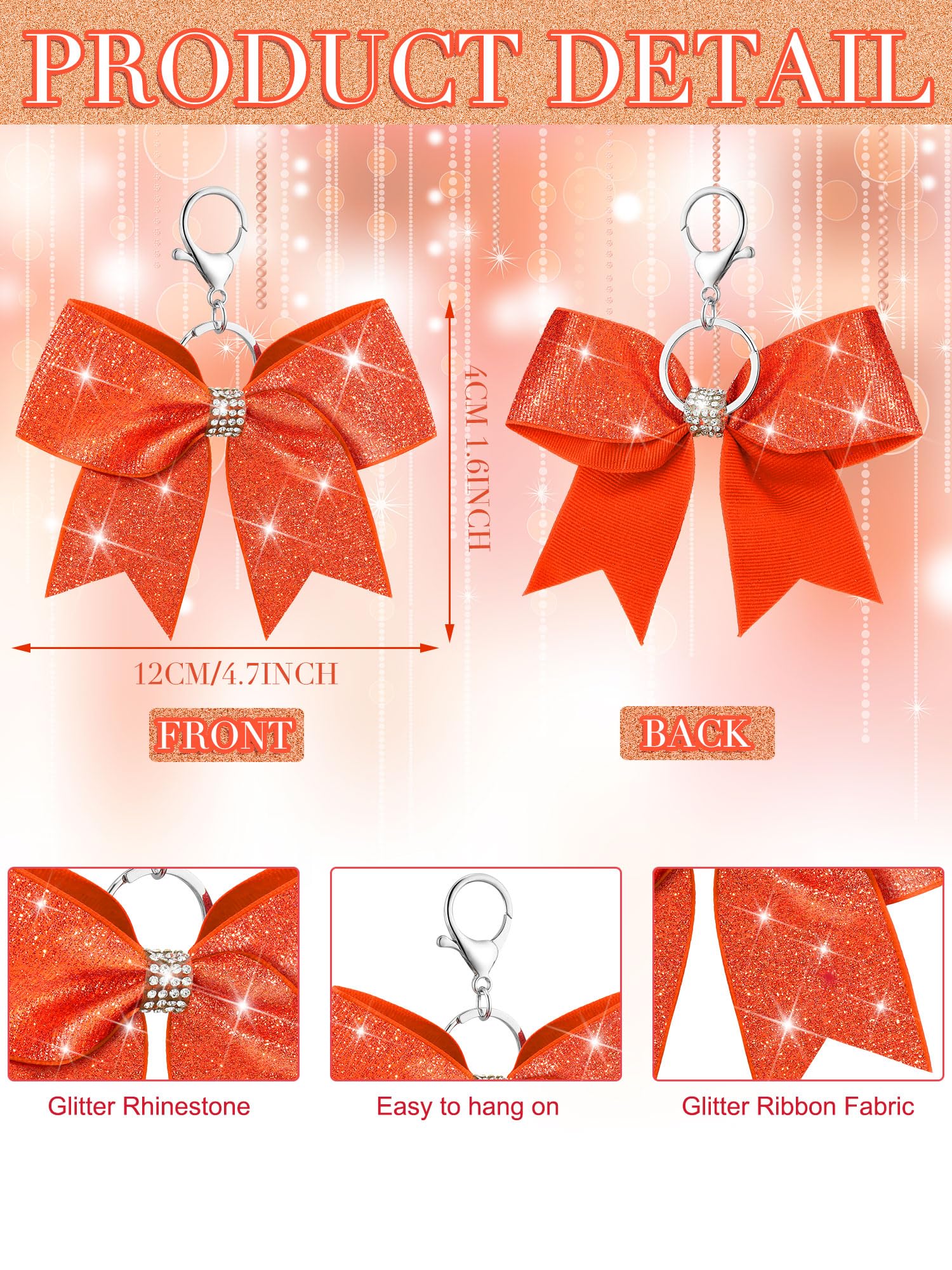 Tondiamo Cheer Bow Keychain Cheer Keychain with Rhinestones Cheerleader Keyrings for Teen Cheerleading Sports Accessory(Glitter Orange,16 Pcs)