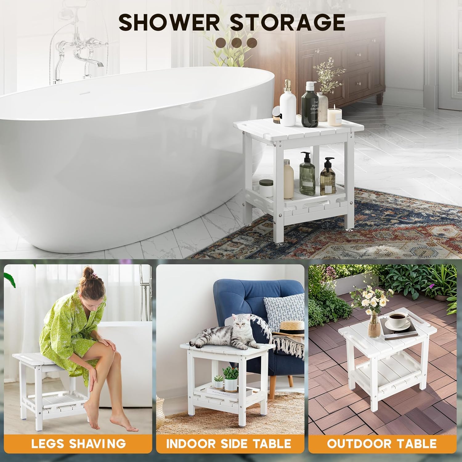 NALONE Shower Bench, HDPE Shower Benches with Storage Shelf & Handles, Indoor and Outdoor Use (White)