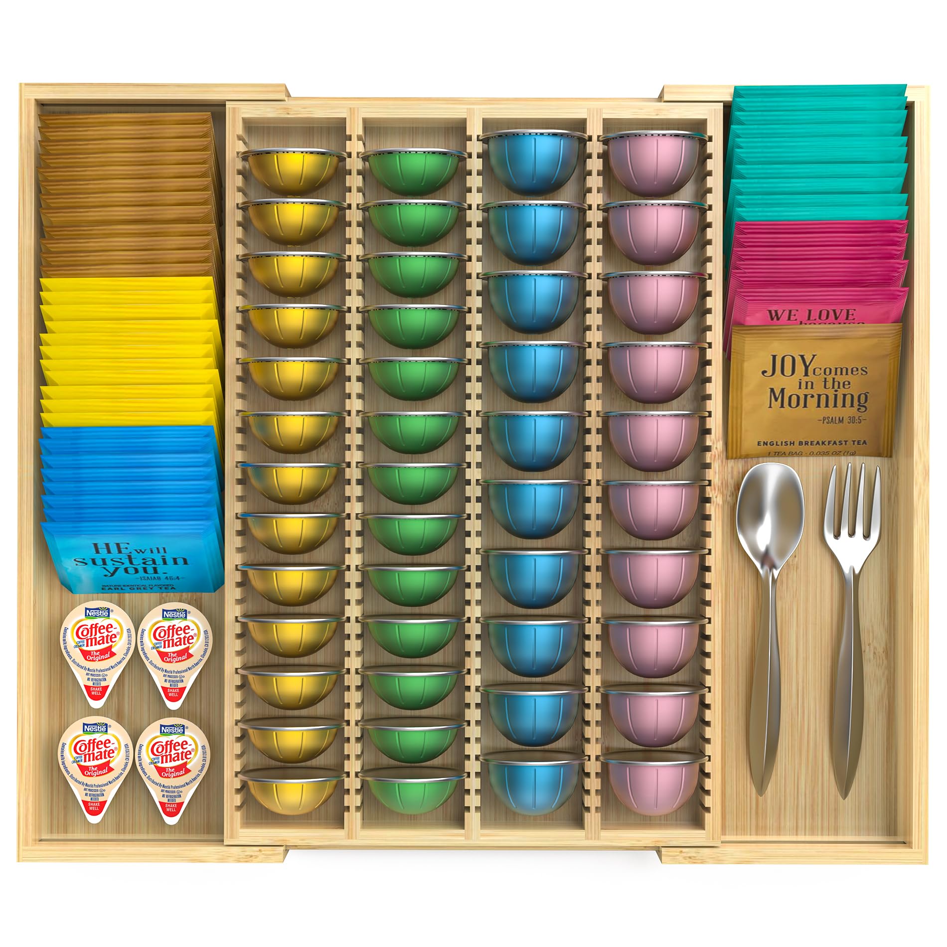 WELL WENG – Großer, ausziehbarer Bambus-Organizer für Schubladeneinsätze – Kompatibel mit Nespresso Vertuo-Kapseln – Aufbewahrung für Teebeutel (Natur) 27,4 cm – 48,3 cm (B) x 40 cm (T) x 4,8 cm (H)