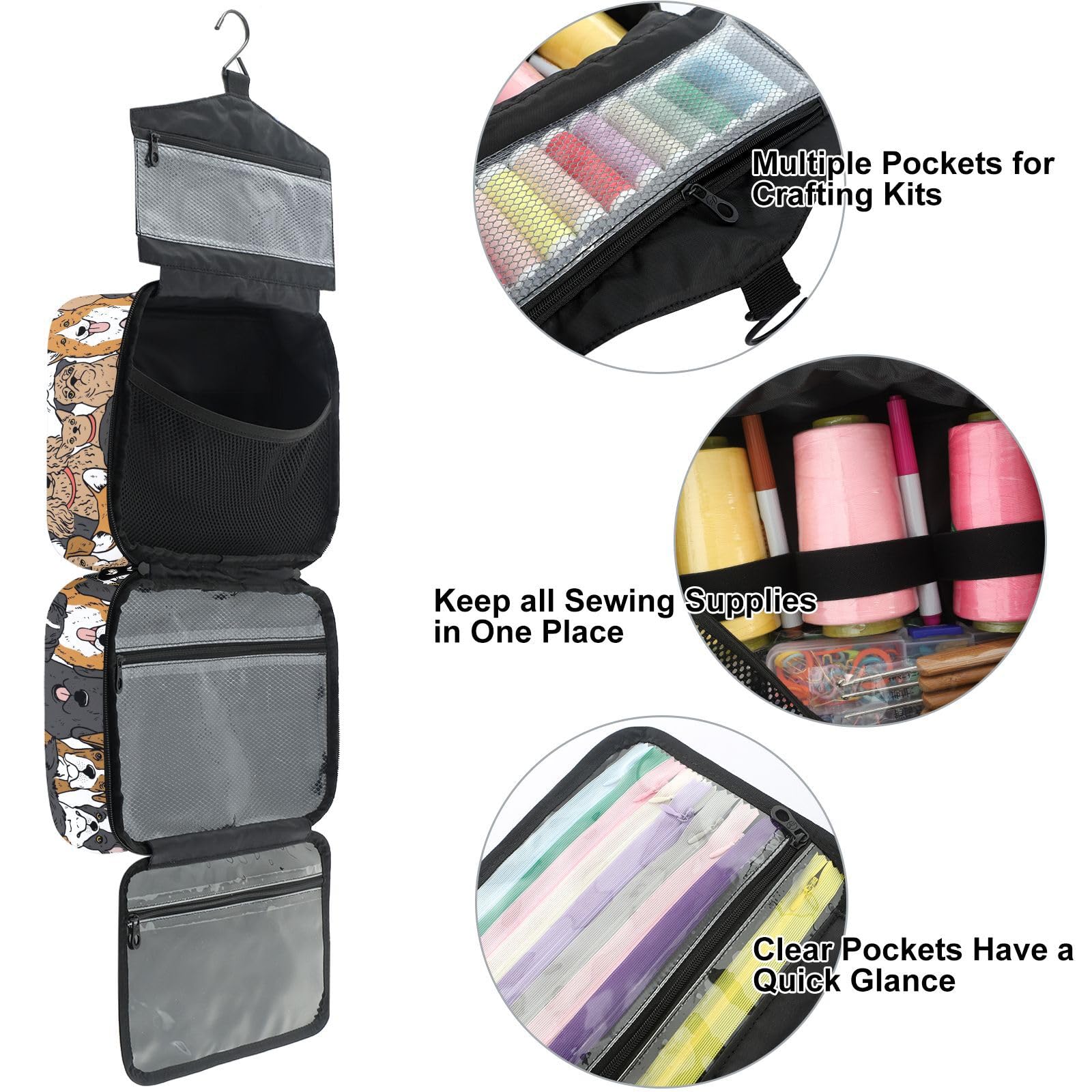 YNNALE Sewing Supply Organizer Bag, Cute Dog German Shepherd Poodle Dogs Portable Sewing Bags with Pockets&Hanger, Sewing Storage Box Case for Sew Supplies/Kit/Tools/Accessories (BAG ONLY)