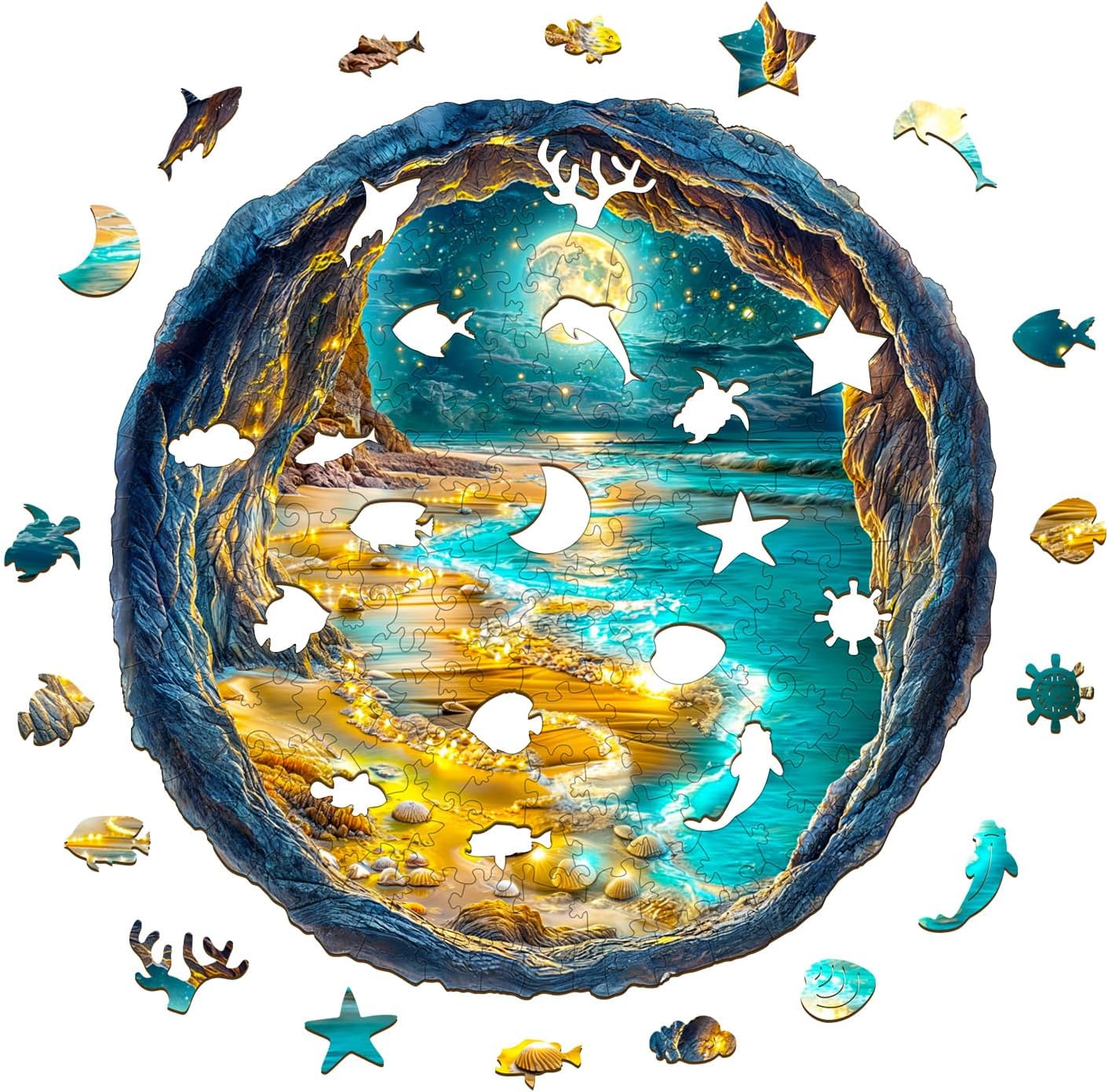 KAAYEE Wooden Puzzles for Adults, Moonlight Beach Wooden Jigsaw Puzzle Unique Shape Wood Puzzle Adult, 3D Effect Flat Puzzle Birthday Christmas Family Game (M-11.4 * 11.3 in-200pcs-Over 16 Years Old)