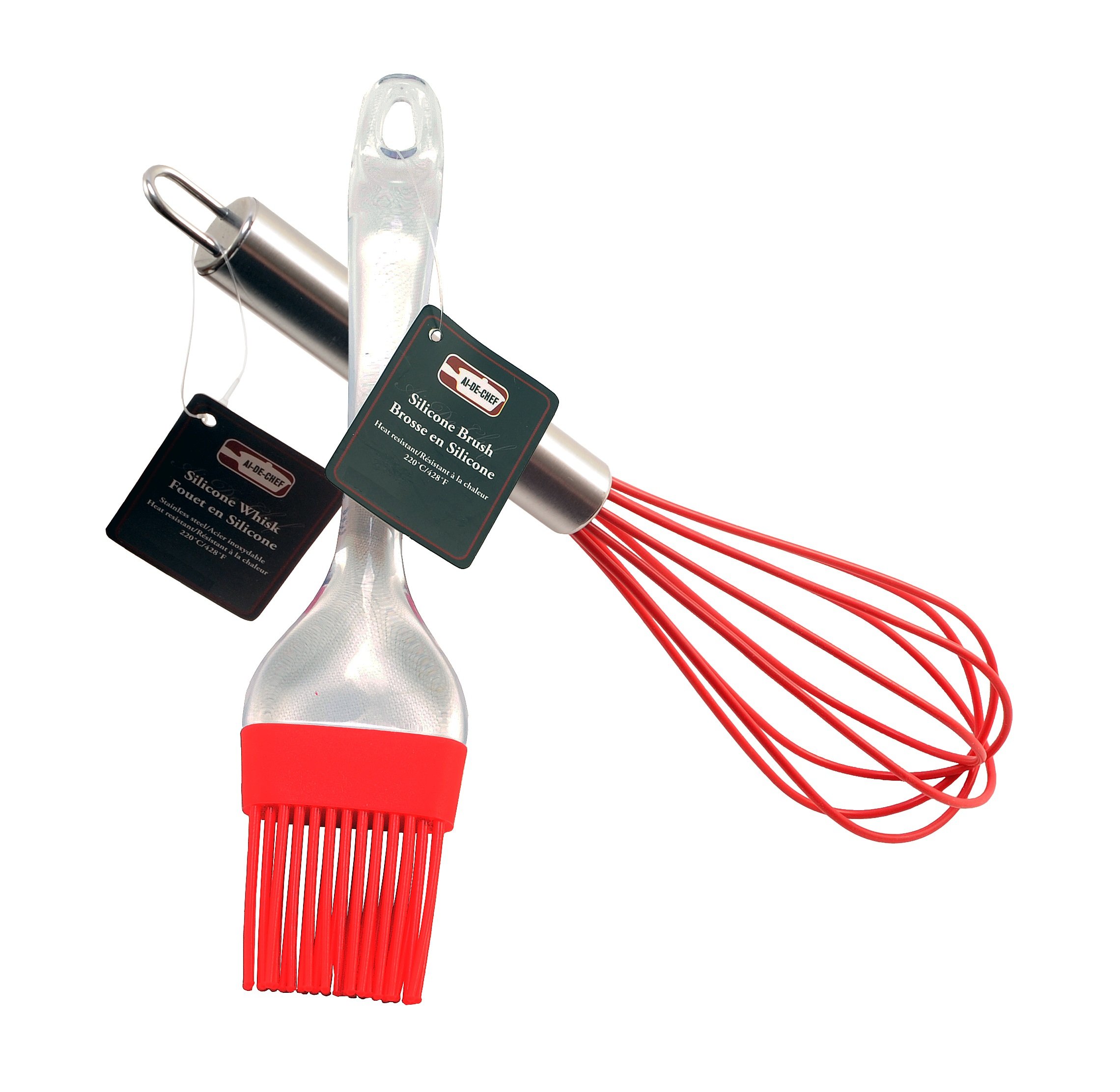 Silicone Whisk and Basting Brush - Stainless Steel & Silicone Whisk for Blending, Whisking, Beating & Stirring - Silicone Basting Brush, Pastry Brush, BBQ Brush. By Ai-De-Chef (2-Pack, Red)