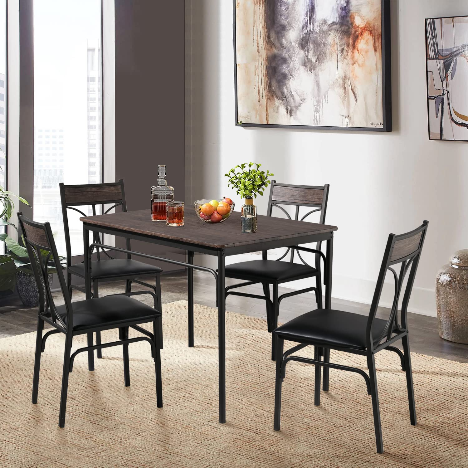 VECELO 5 Piece Kitchen Table Set for Dining Room,Dinette,Breakfast Nook,Industrial Style 4, Retro BRN