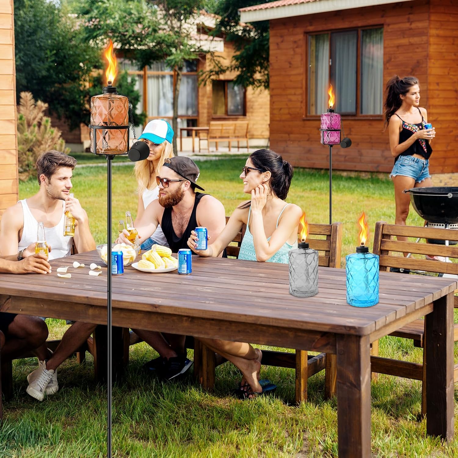 SNOGSWOG Glass Citronella Torches Set of 4, 12 Oz Outdoor Garden Torch with 5-Prong Grounded Stake, 59 Inch Glass Torch for Home Décor, Outside Torches for Backyard, Garden, Patio, Muti-Color