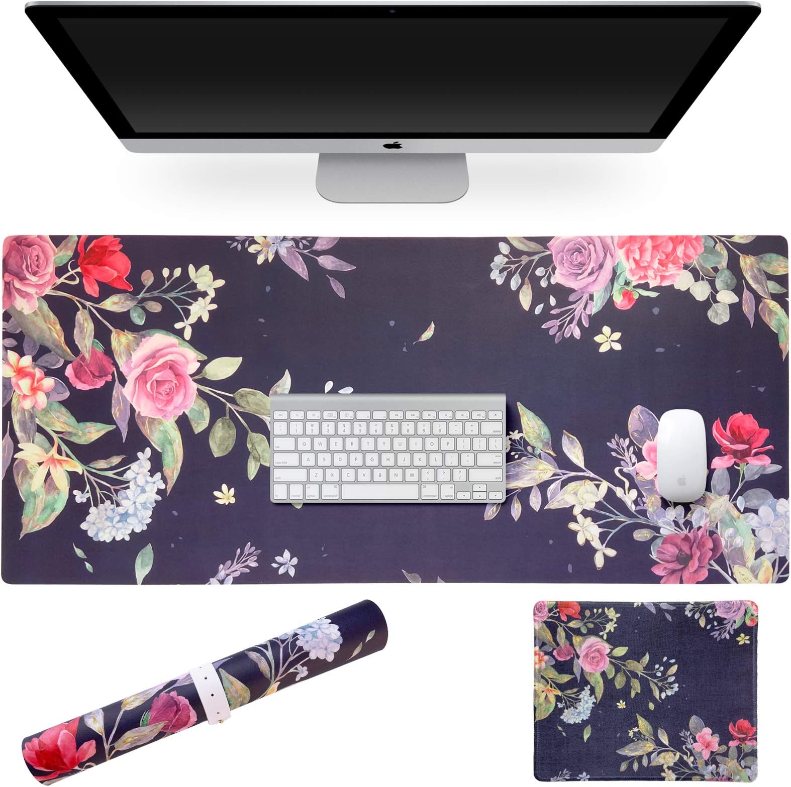 SANFORIN Multifunctional PU Leather Office Desk Pad 35.4''X15.7'' with Floral design + Mouse Pad 10.2''ร8.3''ร0.12'', Extended Large Non Slip Ultra Thin Waterproof Desk Writing Mat (Watercolor Flower)