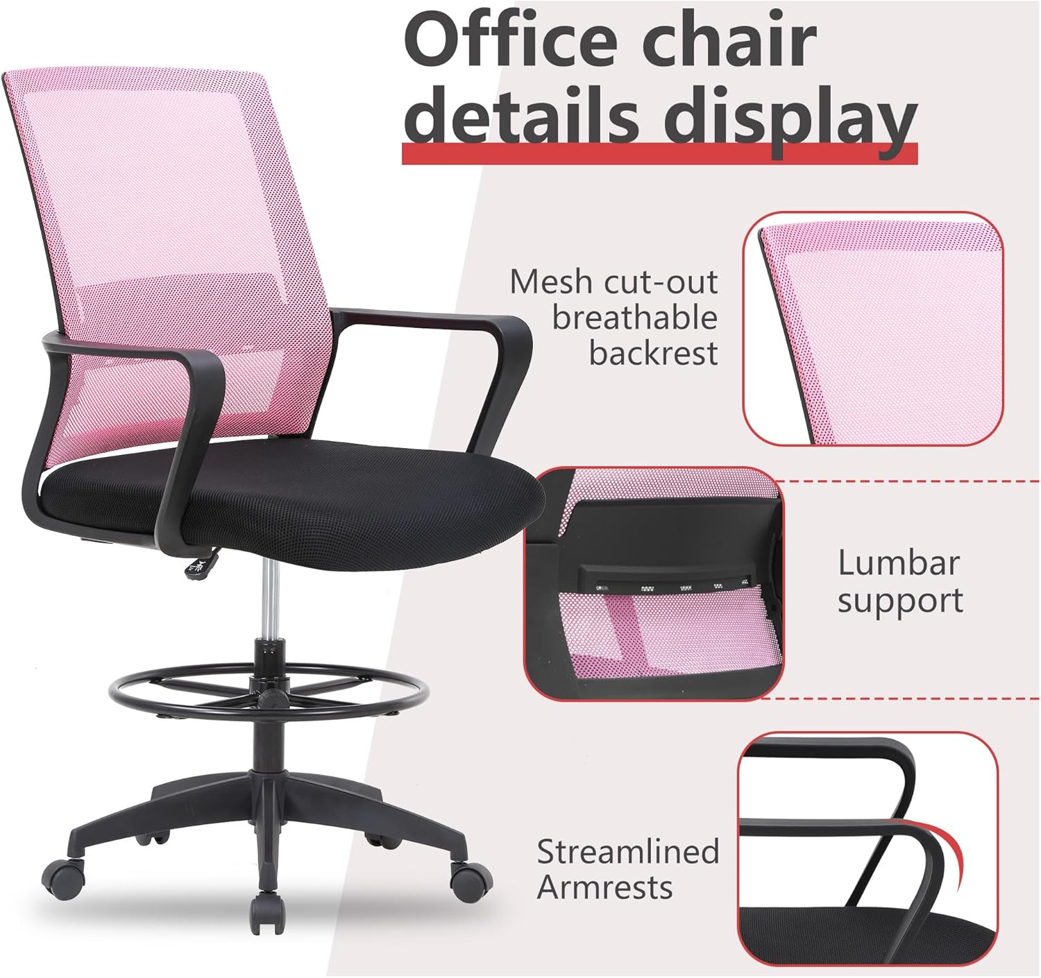 BestOffice Drafting Chair Tall Office Chair Adjustable Swivel Rolling Mesh Height with Lumbar Support Arms Footrest Mid Back for Adults Standing Desk Drafting Stool (Light Pink)