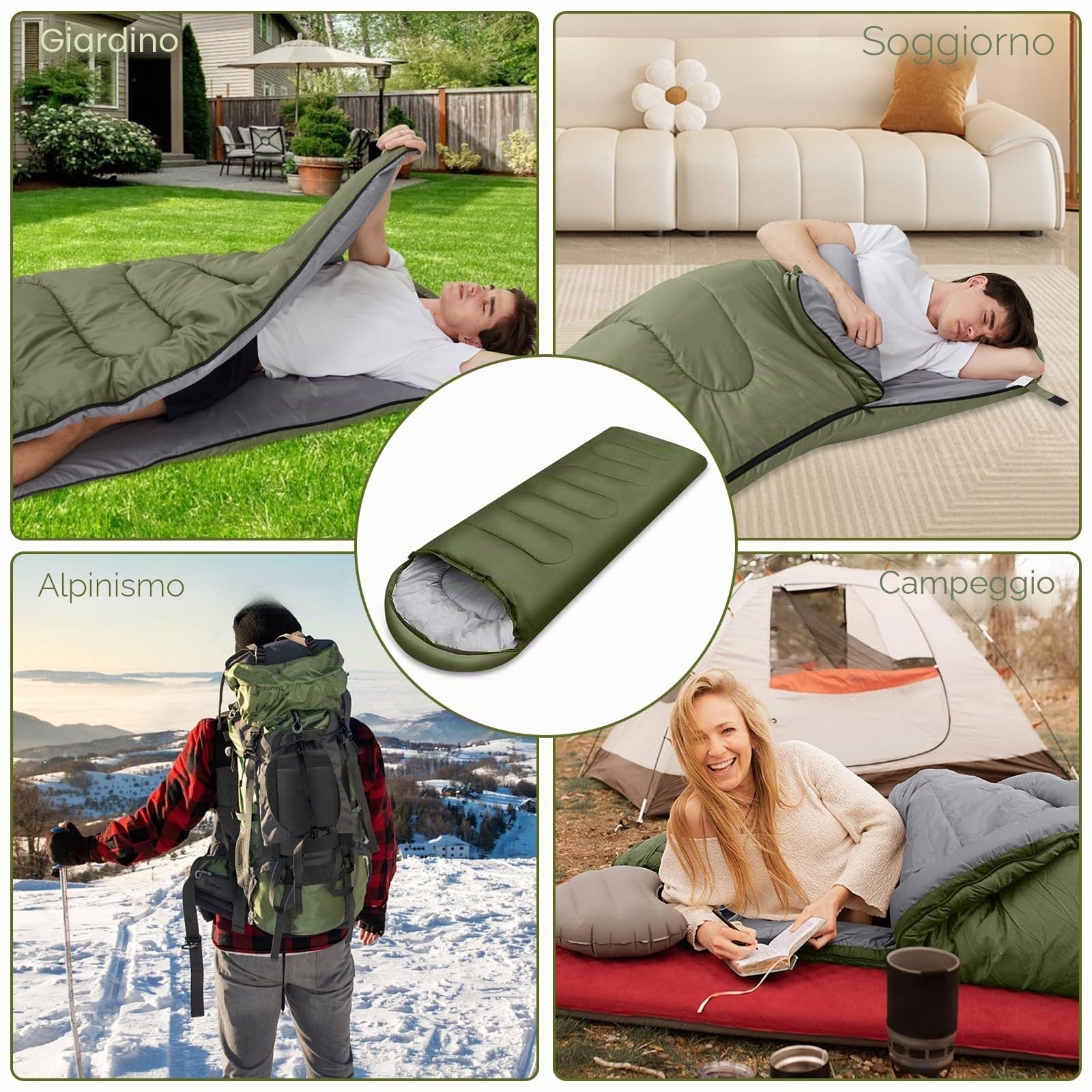 Sacco a Pelo Portatile Verde 1.6kg, 220x85cm Sacco a Pelo 3 Stagioni Impermeabile con Sacco a Compressione, Portatile e Leggero, Adatto per Uso Interno ed Esterno