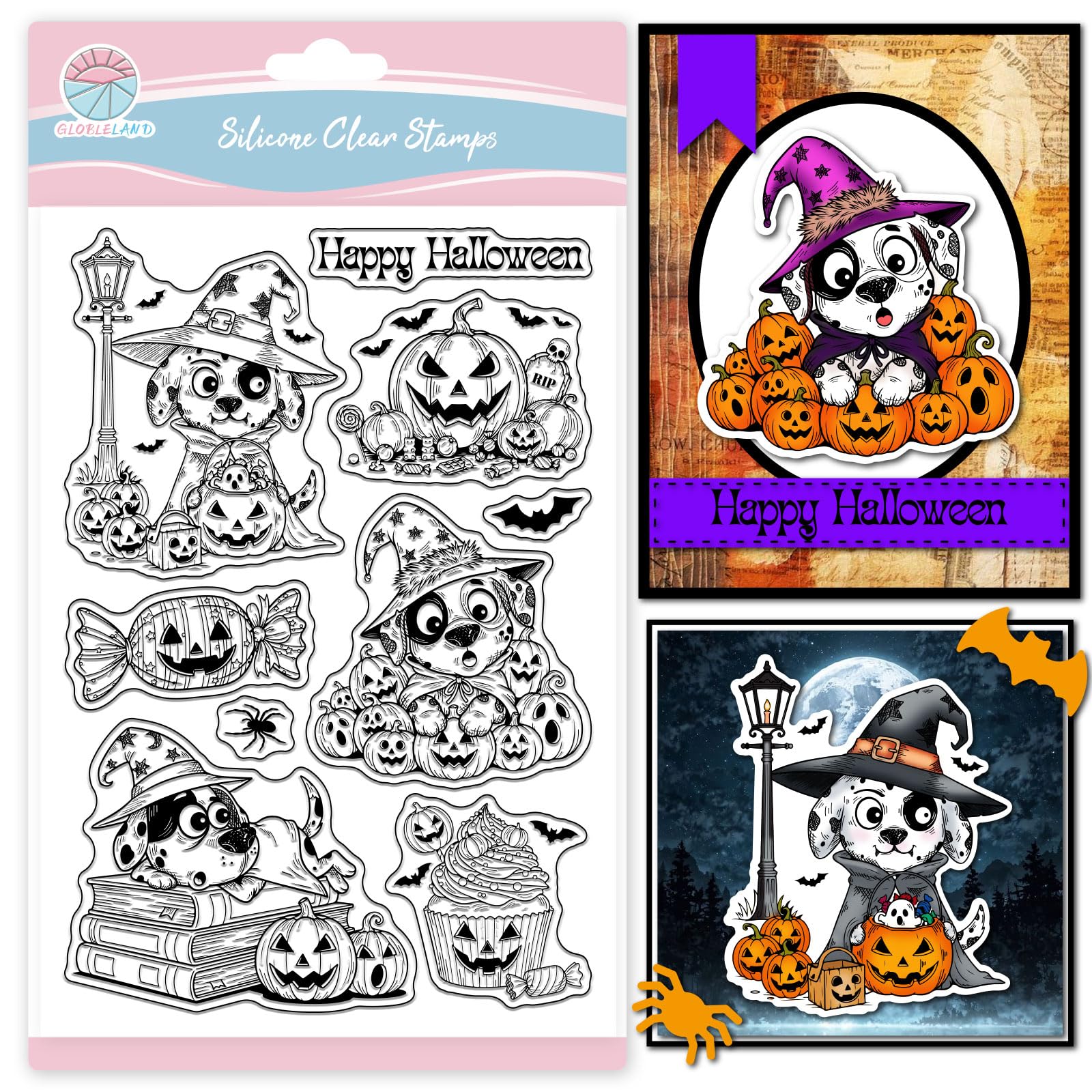 GLOBLELAND Halloween Spotty Dogs Clear Stamps for Cards Making Candy Transparent Stamp Pumpkins and Bats Silicone Stamps Seal for Halloween DIY
