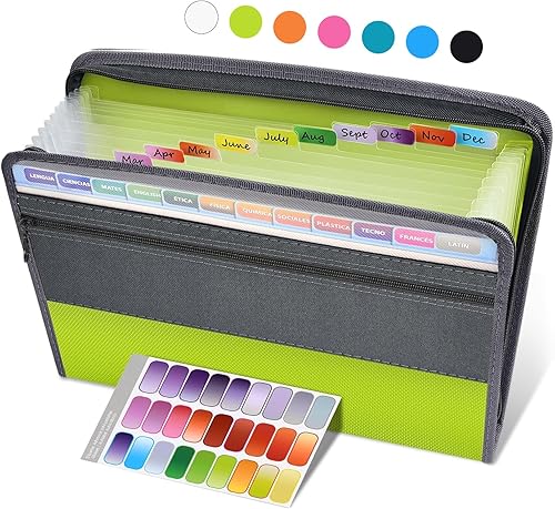 Sooez - Carpeta expandible con etiquetas adhesivas, carpeta de fuelle con 13 bolsillos, carpeta organizadora de documentos, con cierre de