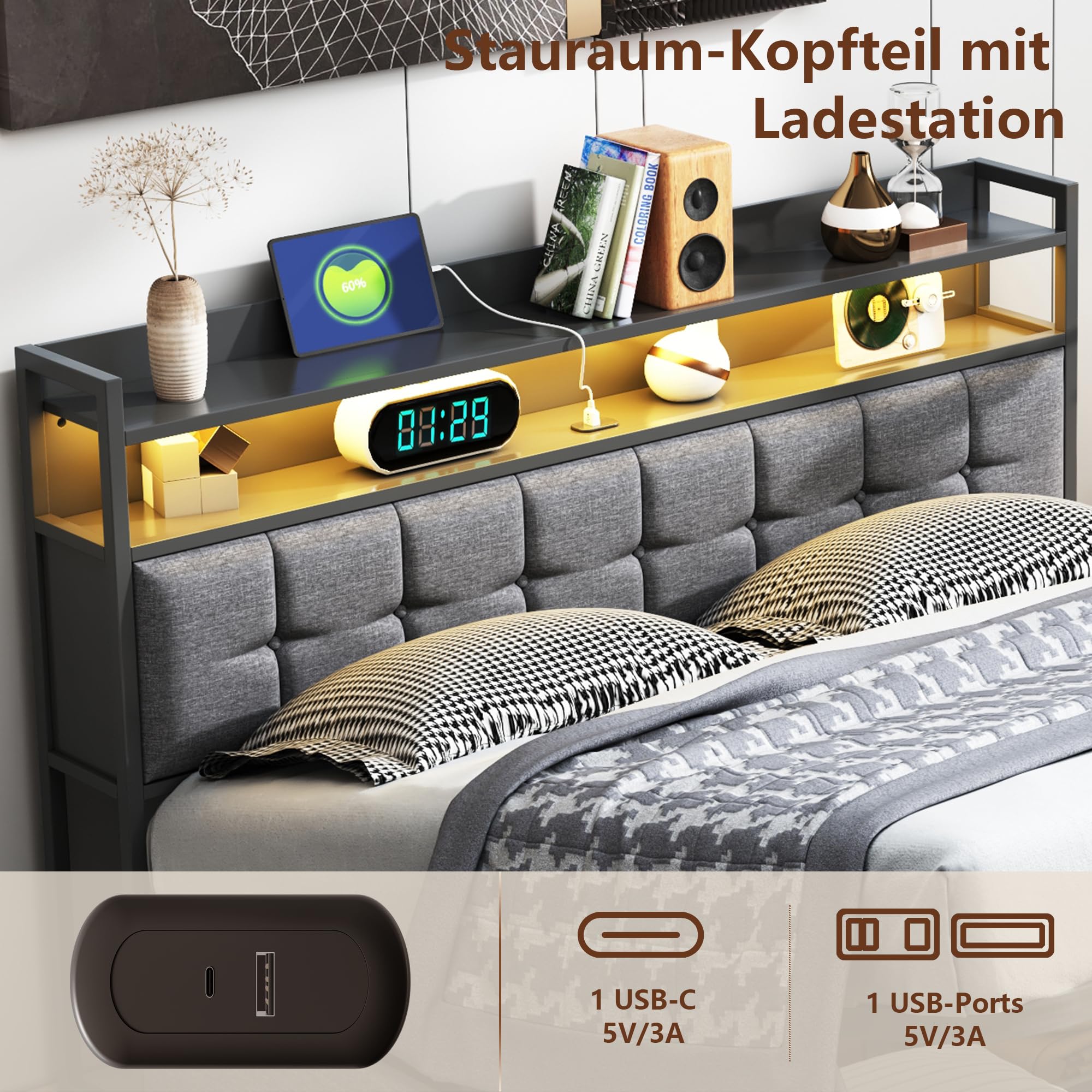 Letto imbottito 140 x 190 cm con spazio e rete a doghe, letto matrimoniale idraulico con funzione di ricarica USB e testiera LED, per adulti e ragazzi (nero+lino, 140 x 190 cm)