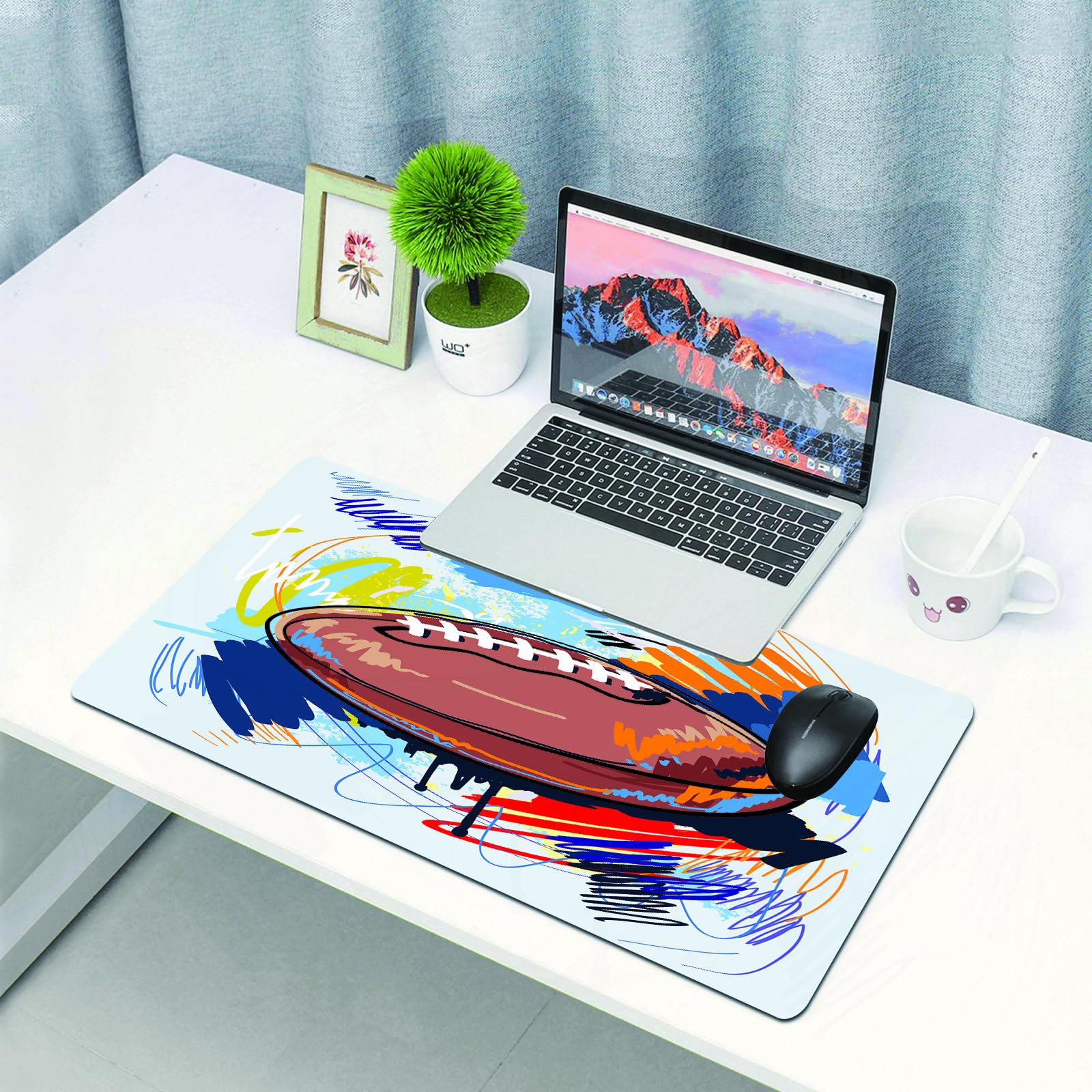 Grand Tapis de Souris de Jeu avec Bords surpiqués et Dos antidérapant,sous-Main pour Clavier et Souris,Sports, Esquisse de Ballon de Rugby en Forme de Diamant avec des gribouillages co,80×30 cm