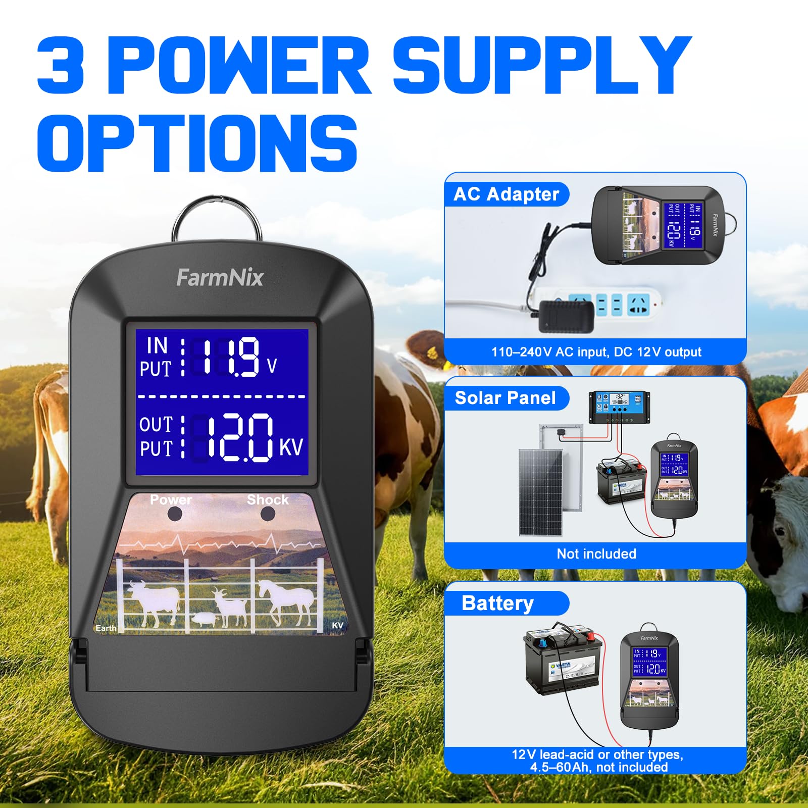 Energizador de Cercas Eléctricas 12V 3 Julios para 24 KM