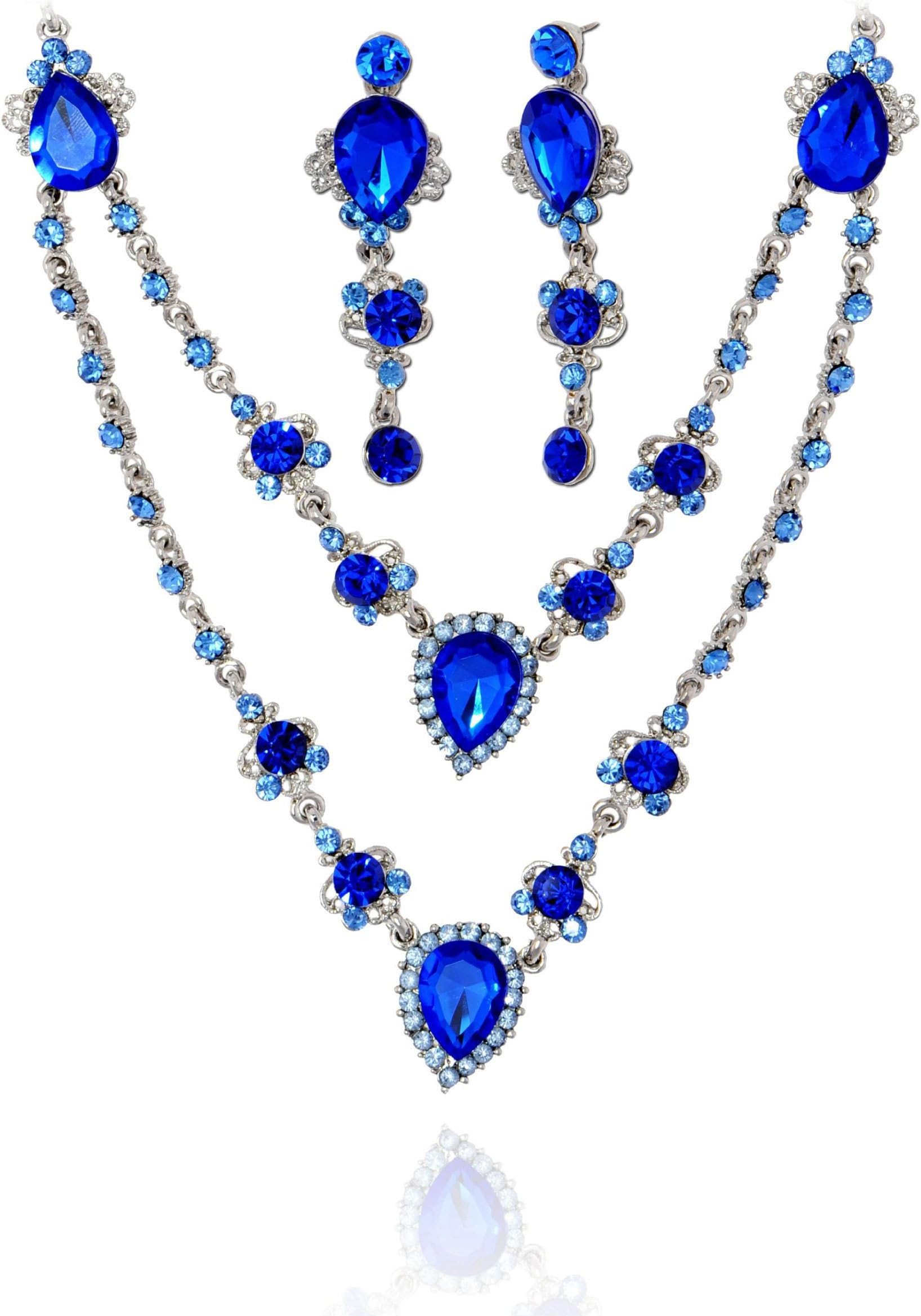 Saint Christine Double Tiers Drop Strand Royalblue Crystal Necklace & Earrings Jewelry Set