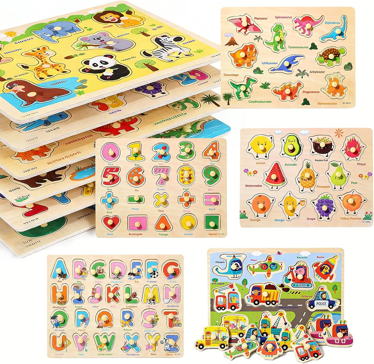 Wooden Peg Puzzles for Toddlers 1-3 – 6 Pack Toddler Puzzles, Preschool Educational Learning Puzzle Toys for Kids, Alphabet, Number, Shapes, Christmas Birthday Gifts for Boys, Girls