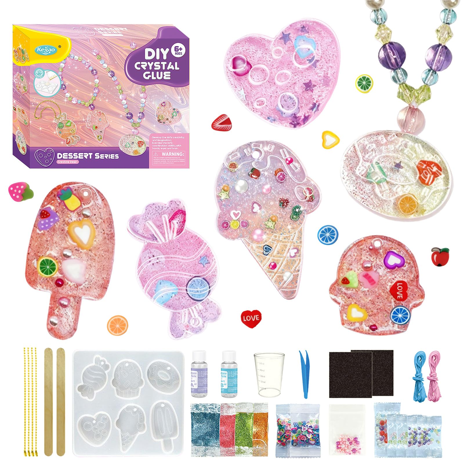 Epoxy Resin Craft Kit for Kids Beginners, DIY Jewellery Making Kit for Girls Age 6-10, Dessert Molds Pendants Casting Supplies, Creative Party Activity Toys Birthday Gifts for 7 8 9 Year Old
