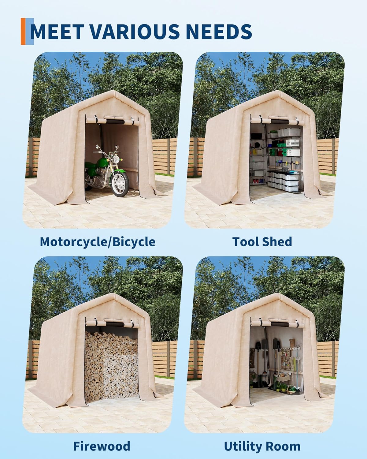 GarveeLife Outdoor Portable Storage Shed with Roll-Up Door & Vent, 240G Heavy-Duty Shelter Waterproof PE Tarp, UV-Resistant Storage Sheds for Motorcycle, Firewood, Garden and Tools (Khaki, 6'x6')
